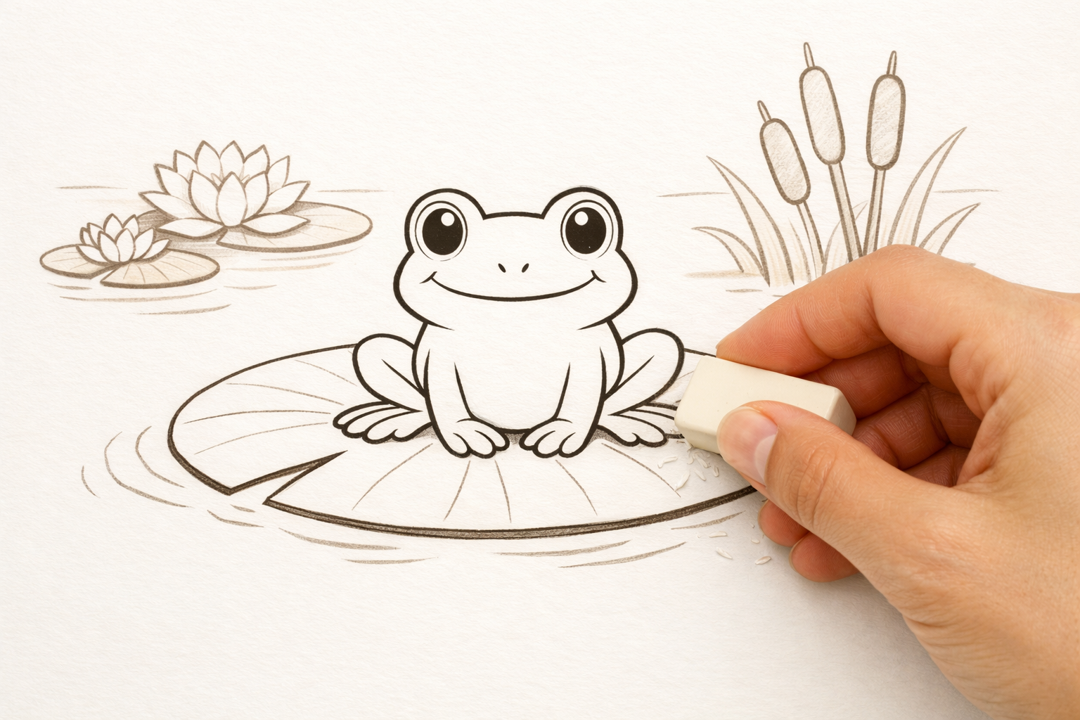 Erasing extra guide lines to leave a clean frog and pad outline.