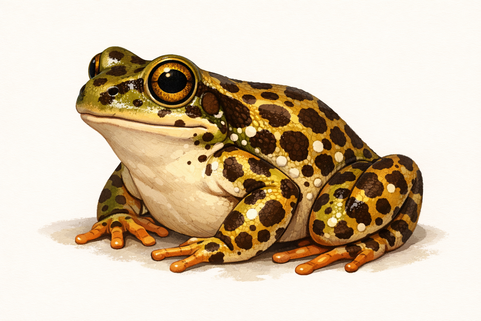Frog with scattered back and leg spots, belly mostly plain.