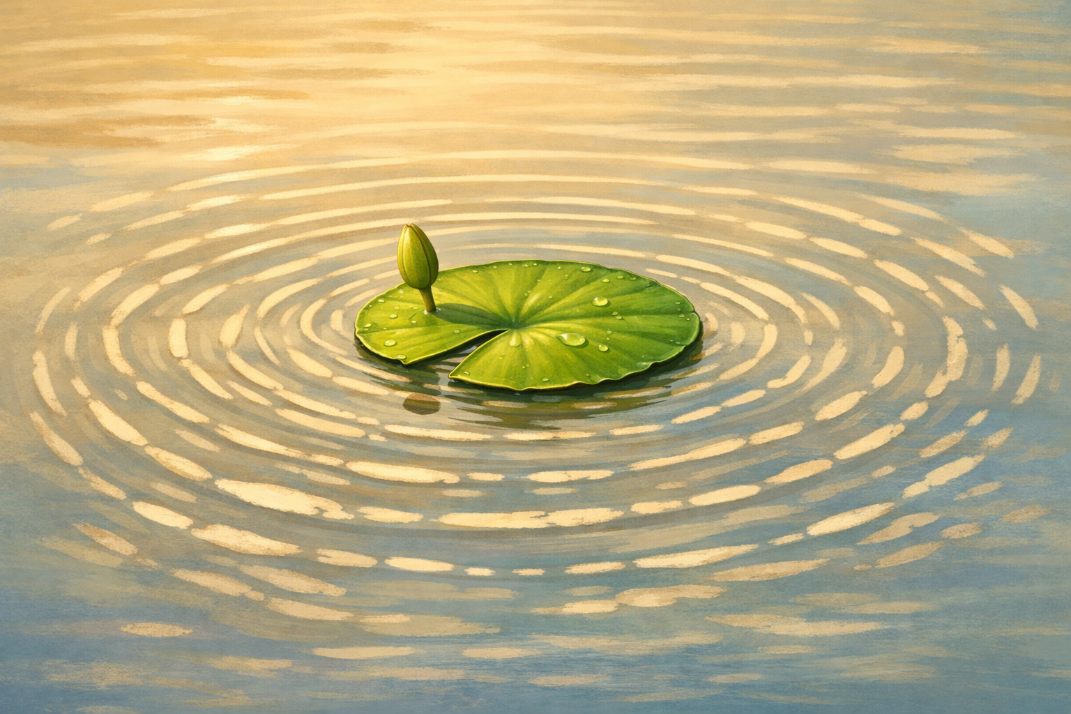 Thin broken ovals around the pad indicating water ripples.