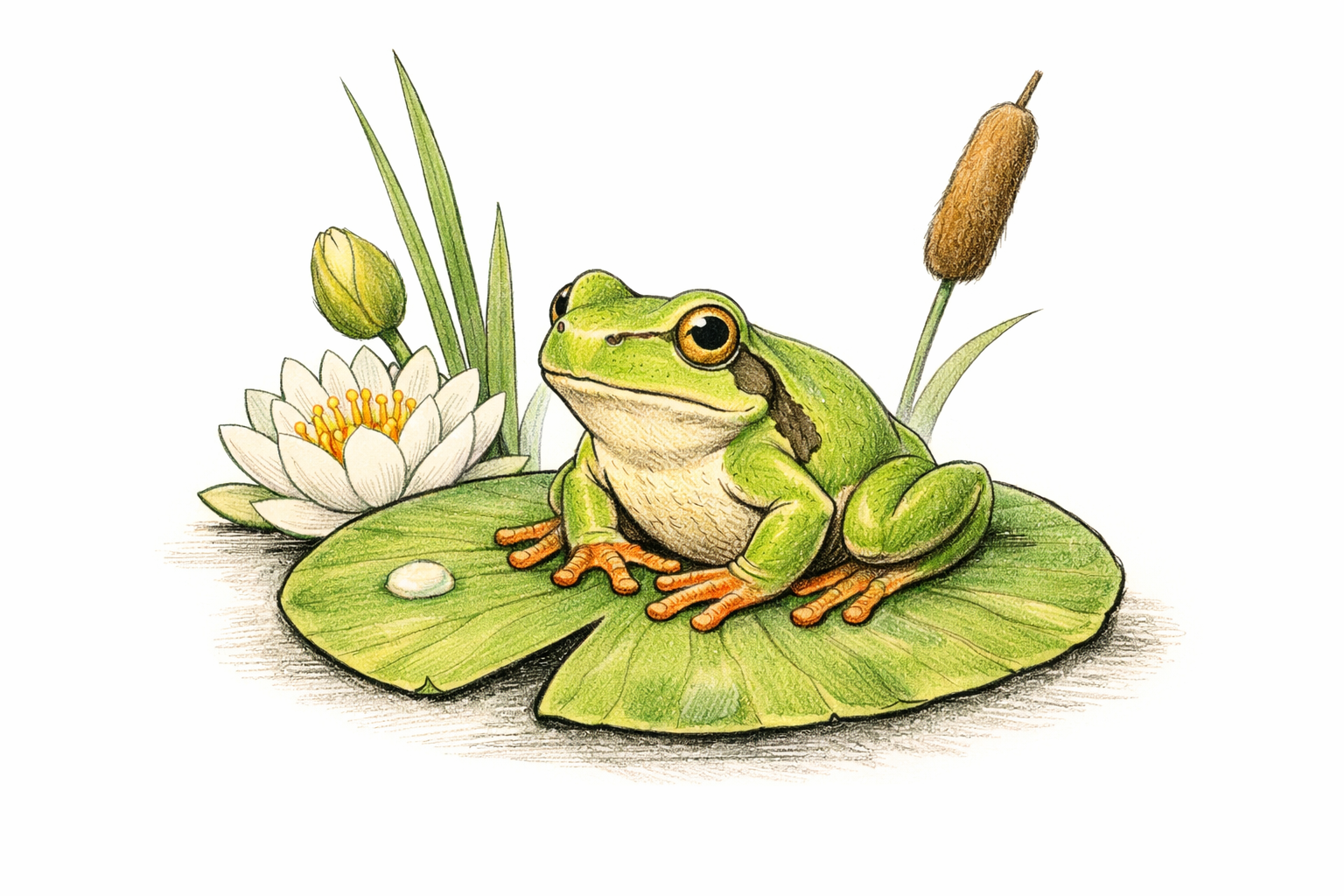 Shaded frog and pad, optionally outlined in ink for a crisp finish.