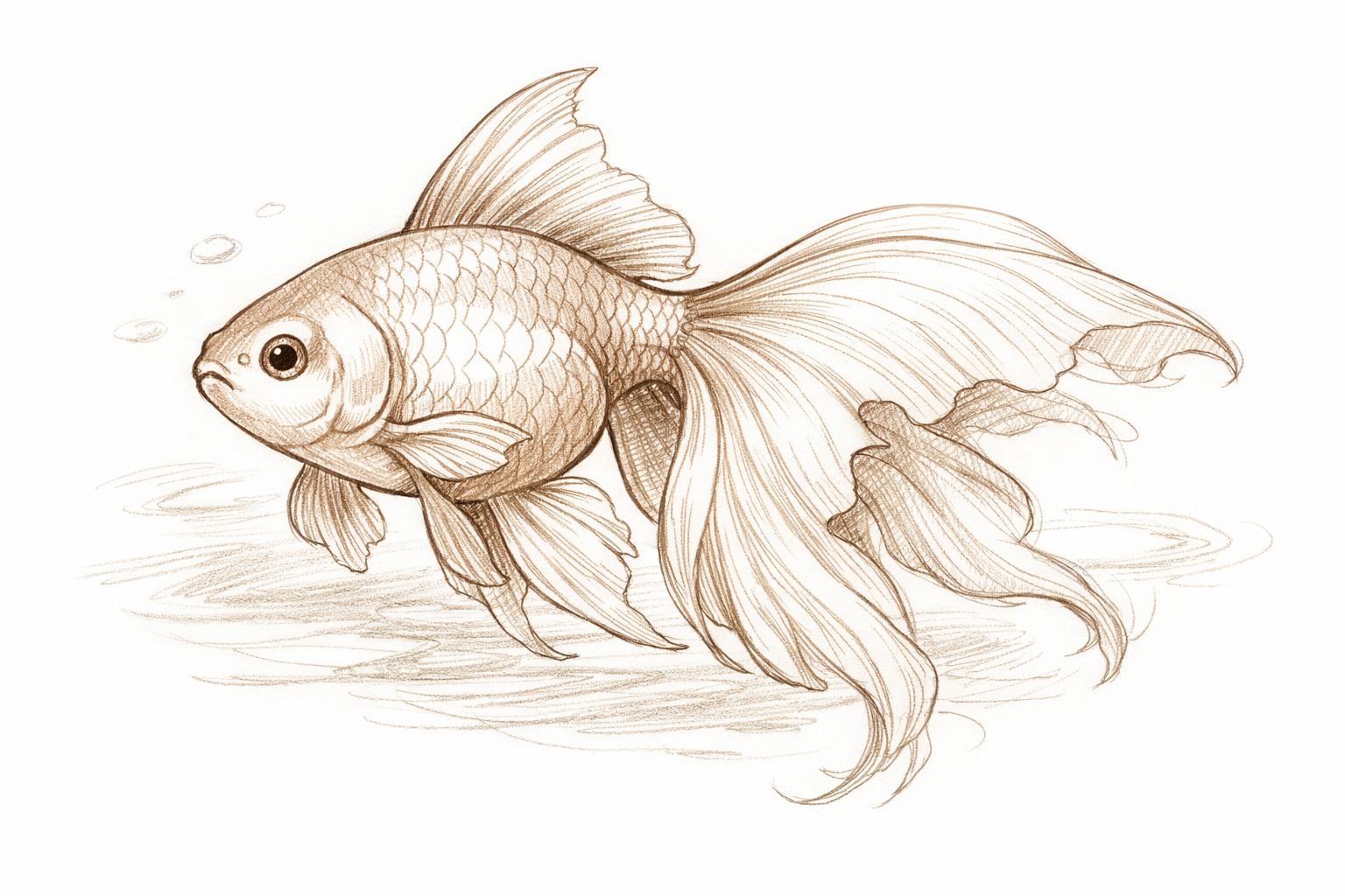 Finished pencil drawing of a graceful goldfish with long flowing fins and a broad wavy tail, softly shaded to suggest water.