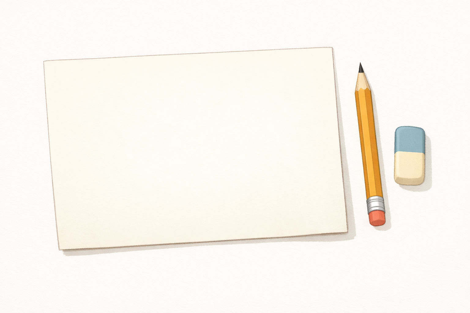 Landscape sheet of paper with a pencil and eraser ready for drawing.