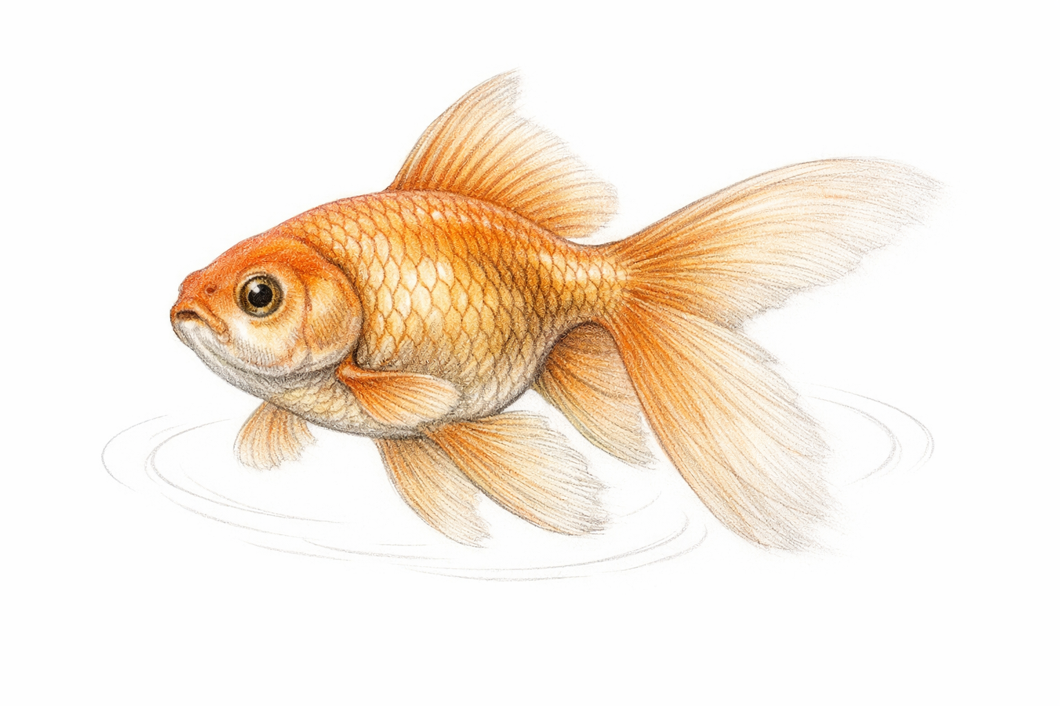 Finished goldfish drawing with soft fin edges and faint ripple lines suggesting water.