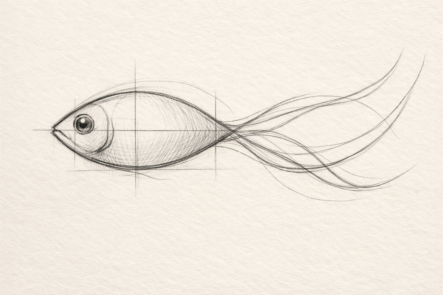 Almond-shaped fish body with two long S-curve guide lines flowing out for the tail.
