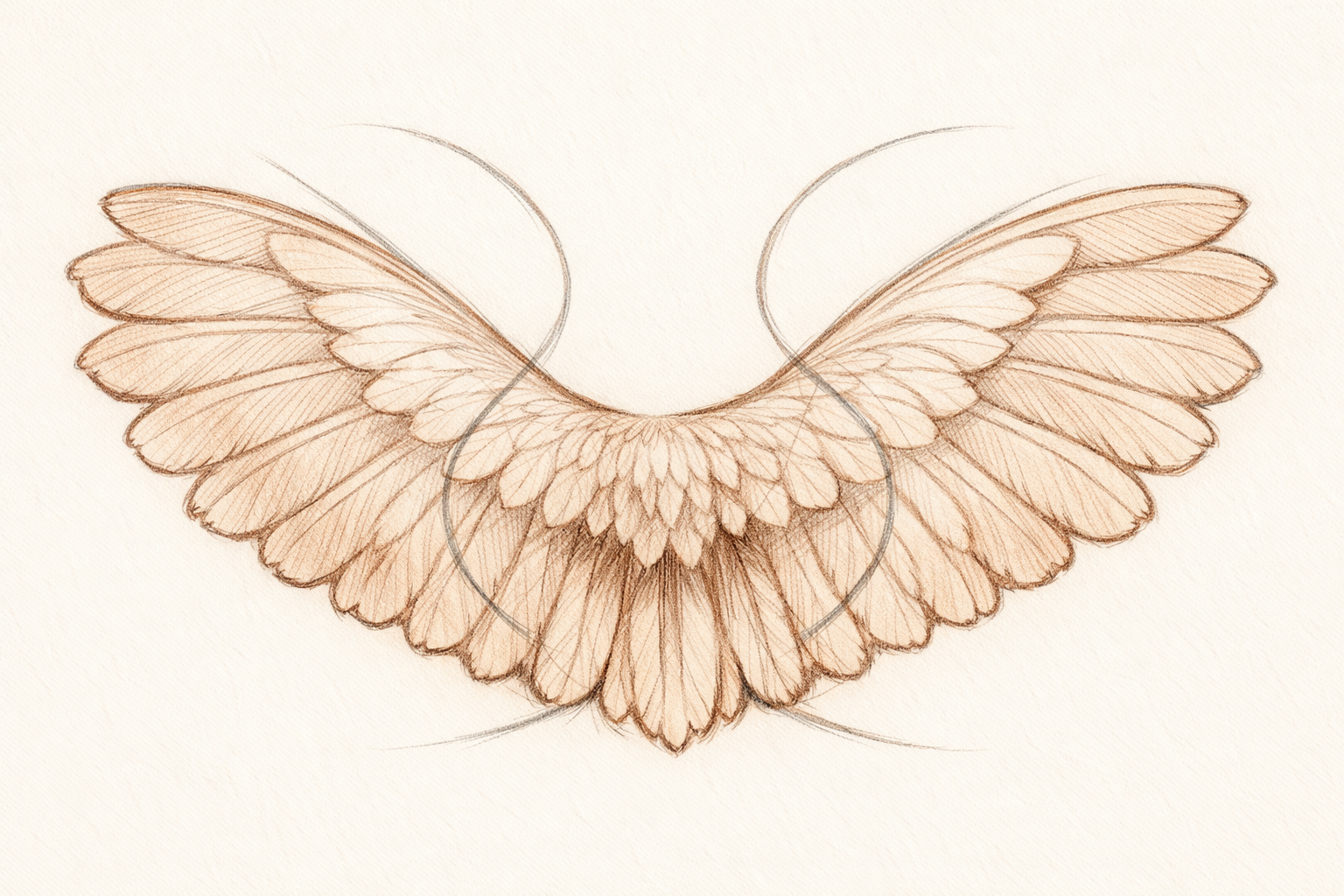 Fan-shaped tail sketched around S-curve guides with a wavy edge and narrow base.