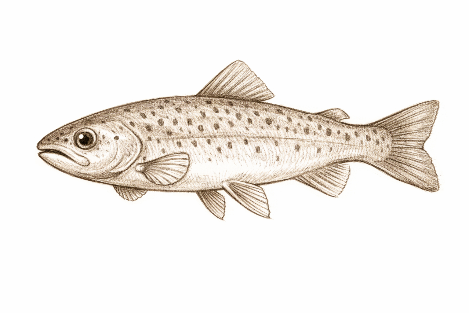 Small pectoral fin near the head and two slimmer pelvic fins beneath the body.