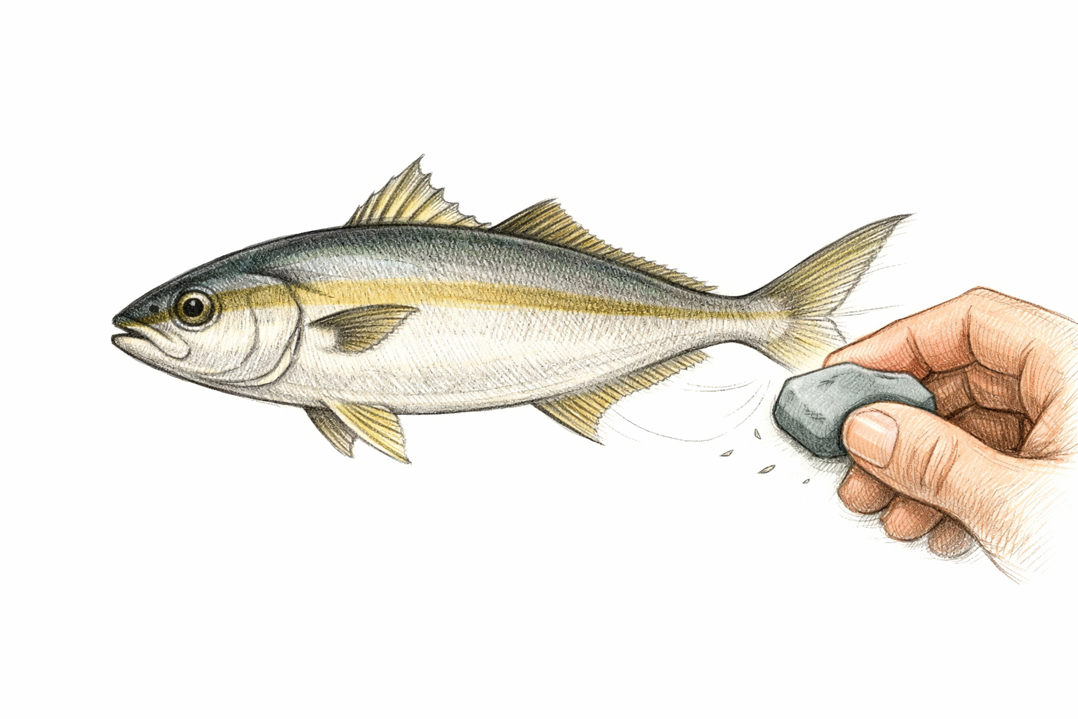 Erasing faint guide lines to leave clean final outlines of the fish.