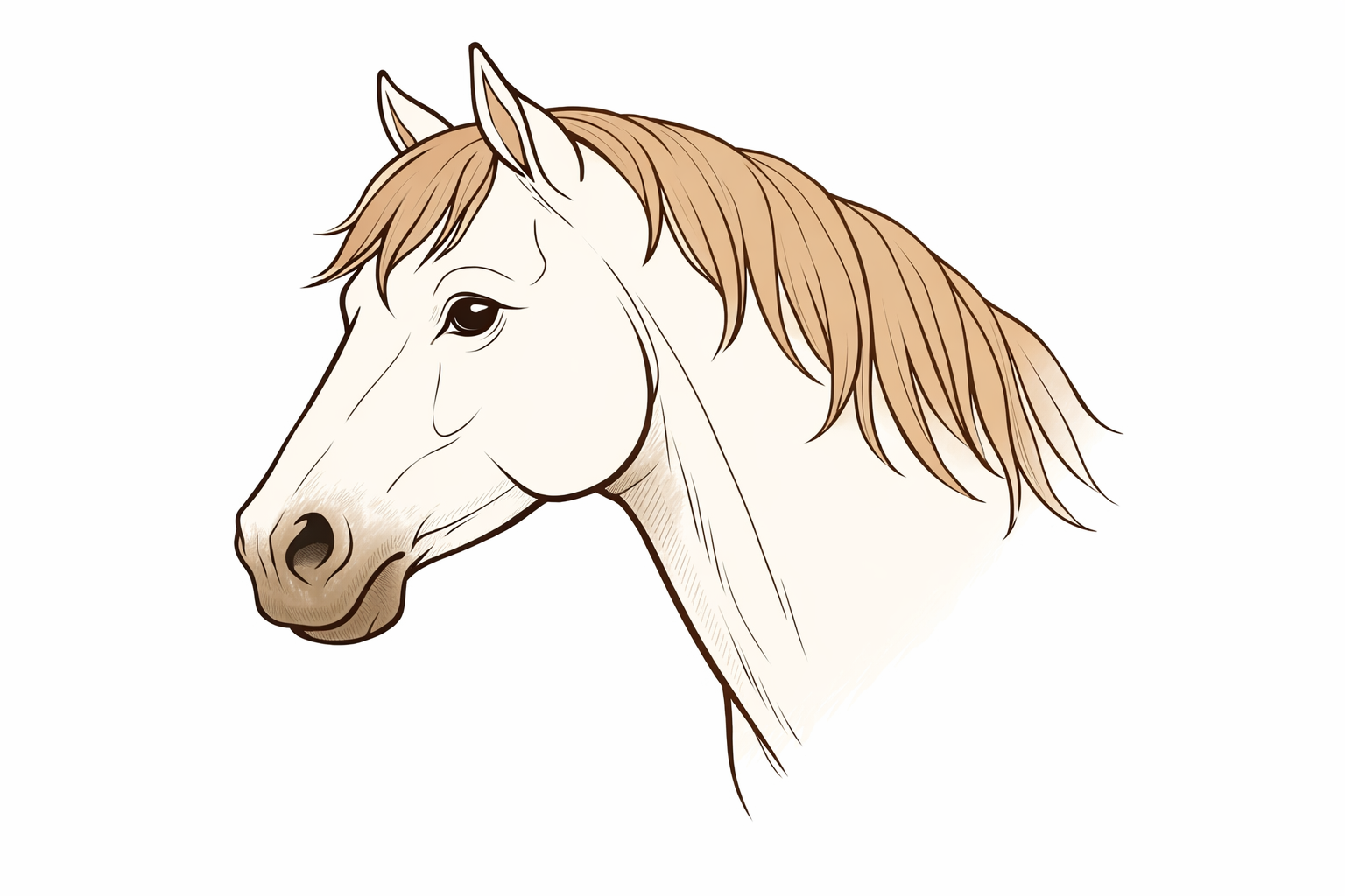 Finished side-view horse head drawing with clean outline, placed features, and soft shading.