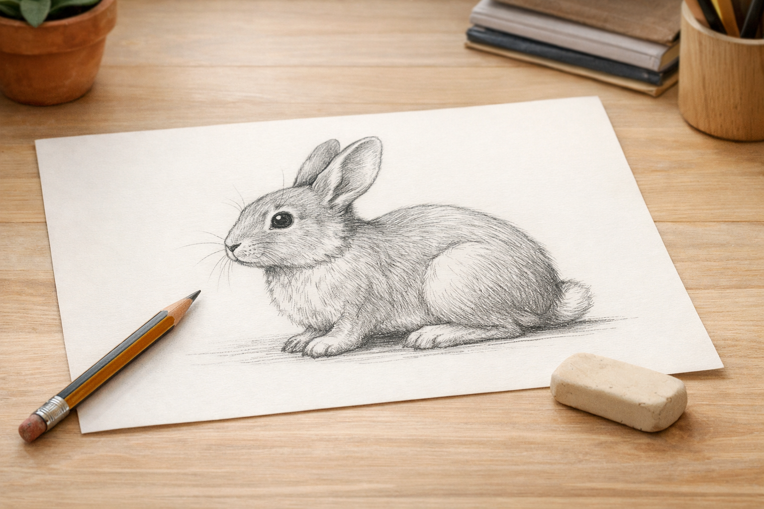 Completed pencil drawing of a rabbit in profile on a sheet of paper with a pencil and eraser beside it.