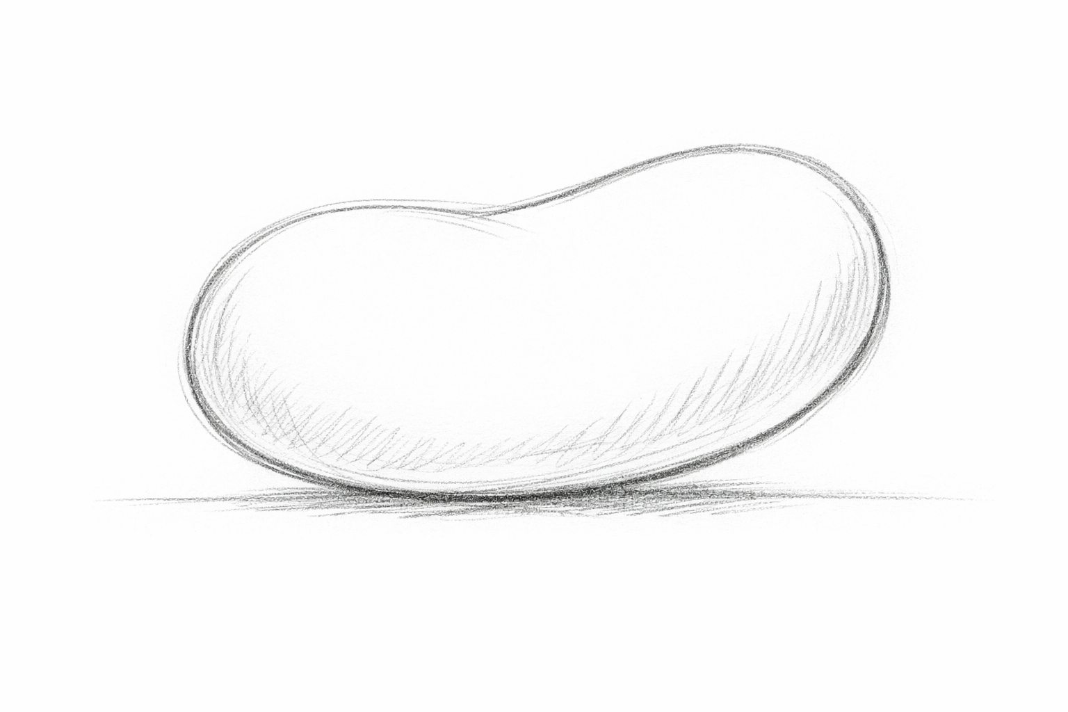 Light pencil drawing of a horizontal ground line with a large, slightly tilted bean shape above it for the rabbit’s body.