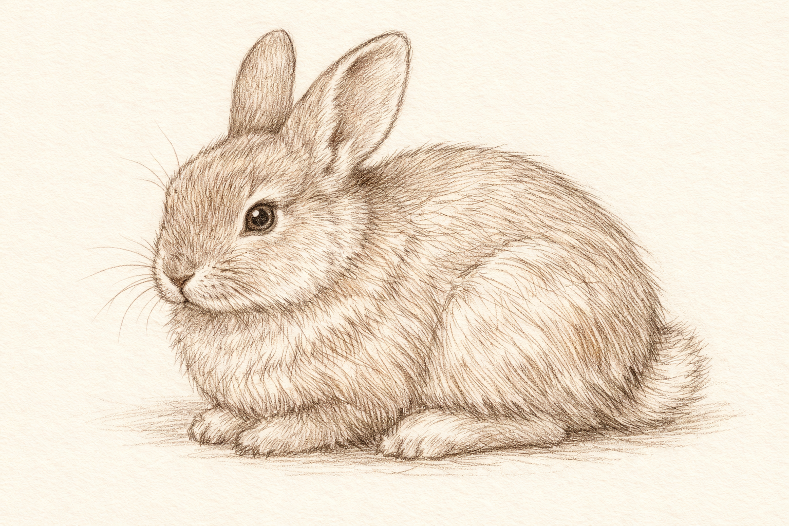 Short pencil strokes along the rabbit’s outline indicate fur, following the head, back, chest, and belly directions.