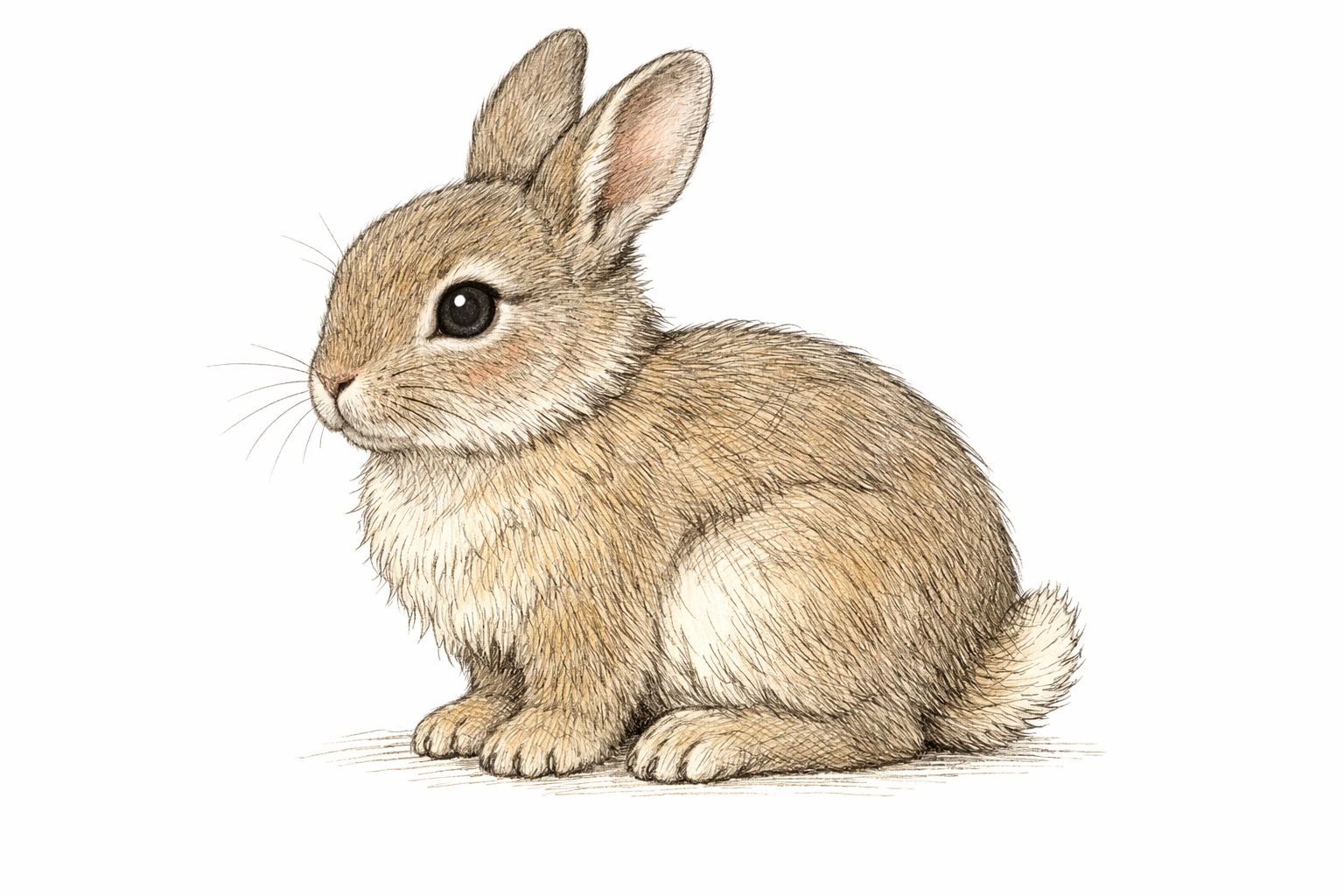 A finished pencil rabbit in profile with a neat outline, defined eye and nose, and subtle details on the paws.