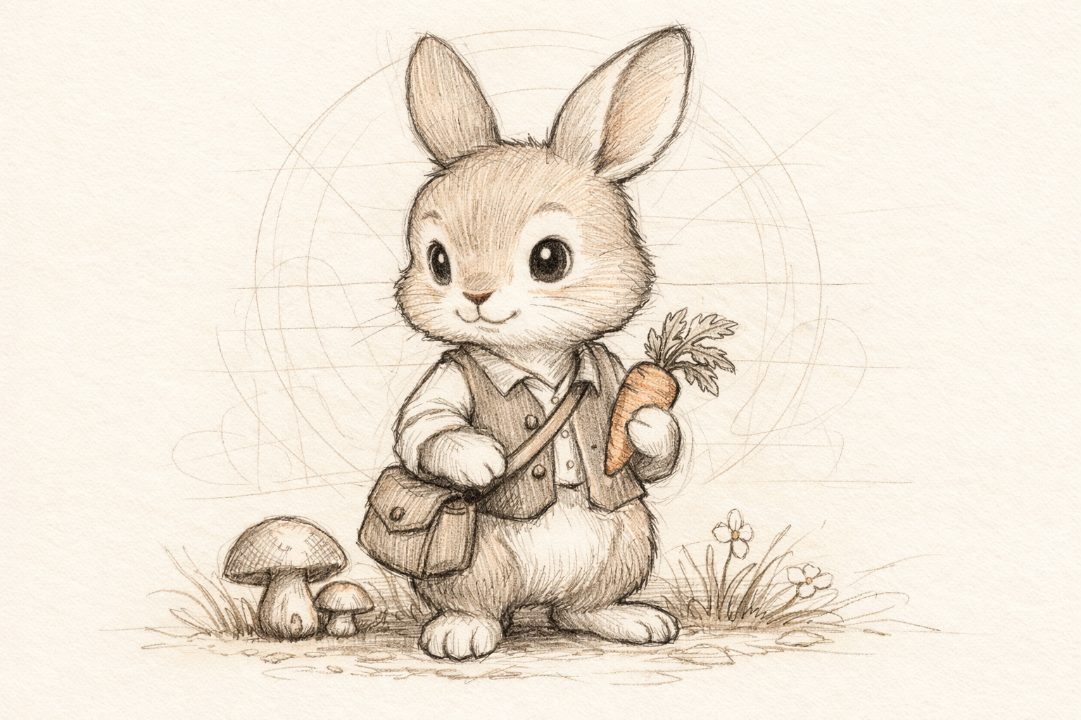 A clean outline of the rabbit in profile is drawn over the faint bean shapes, which are partially erased.