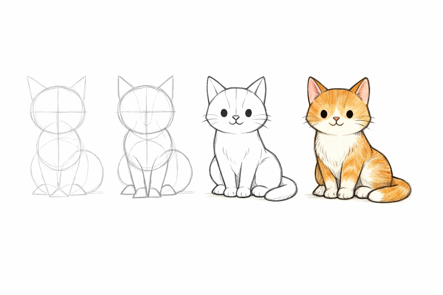 A friendly pencil sketch of a sitting cat, with faint construction circles and triangles visible behind a clean final outline.