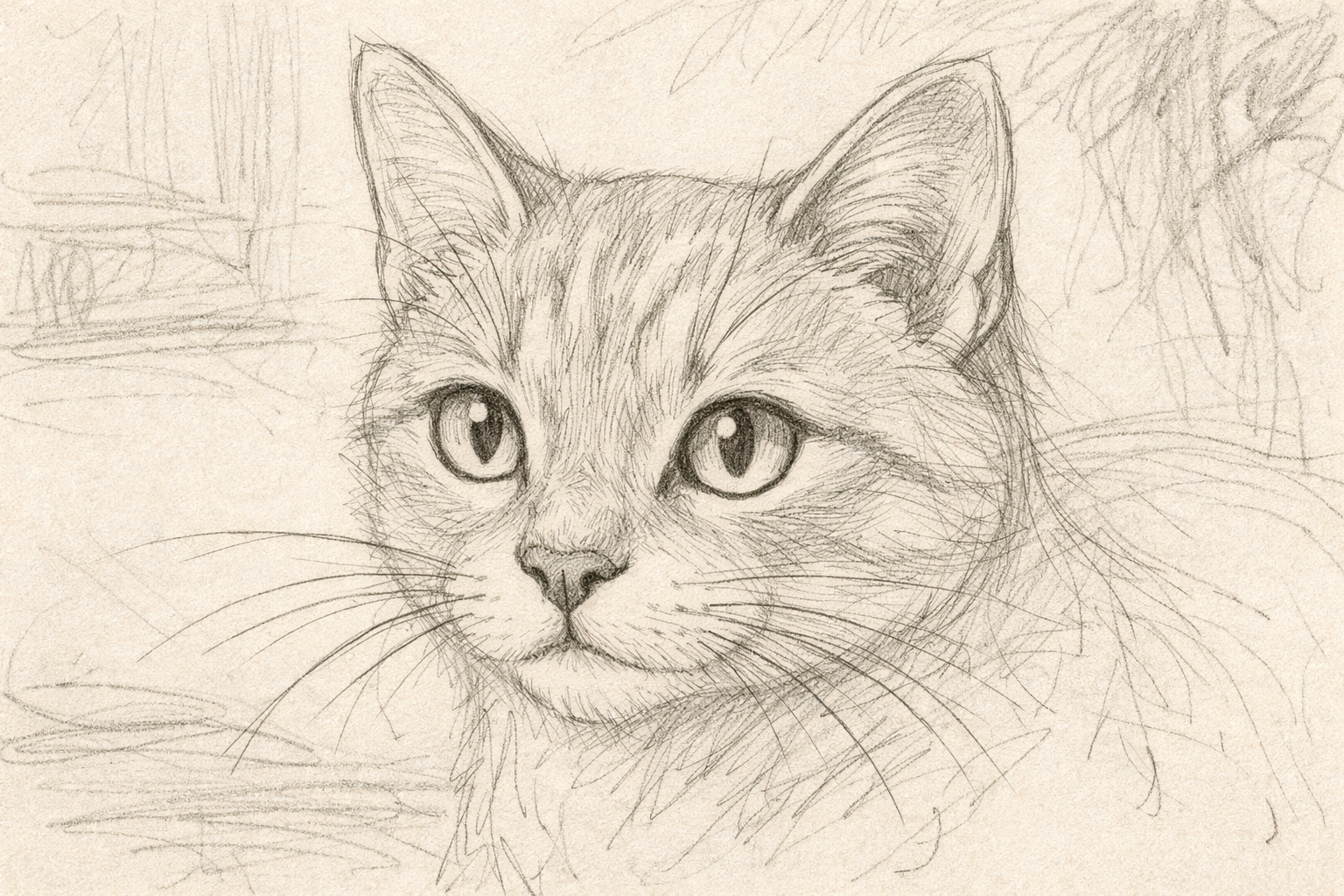 Face details added: pupils, mouth, inner ears, and whiskers on the outlined cat.
