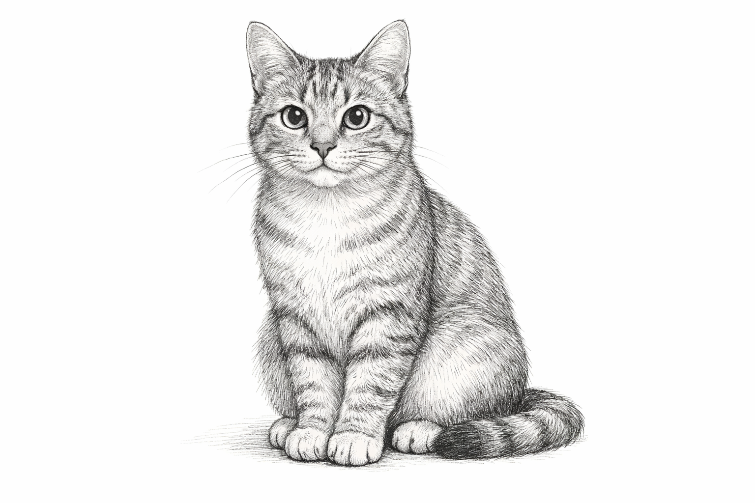 A finished sitting cat sketch showing light fur texture and soft shading.