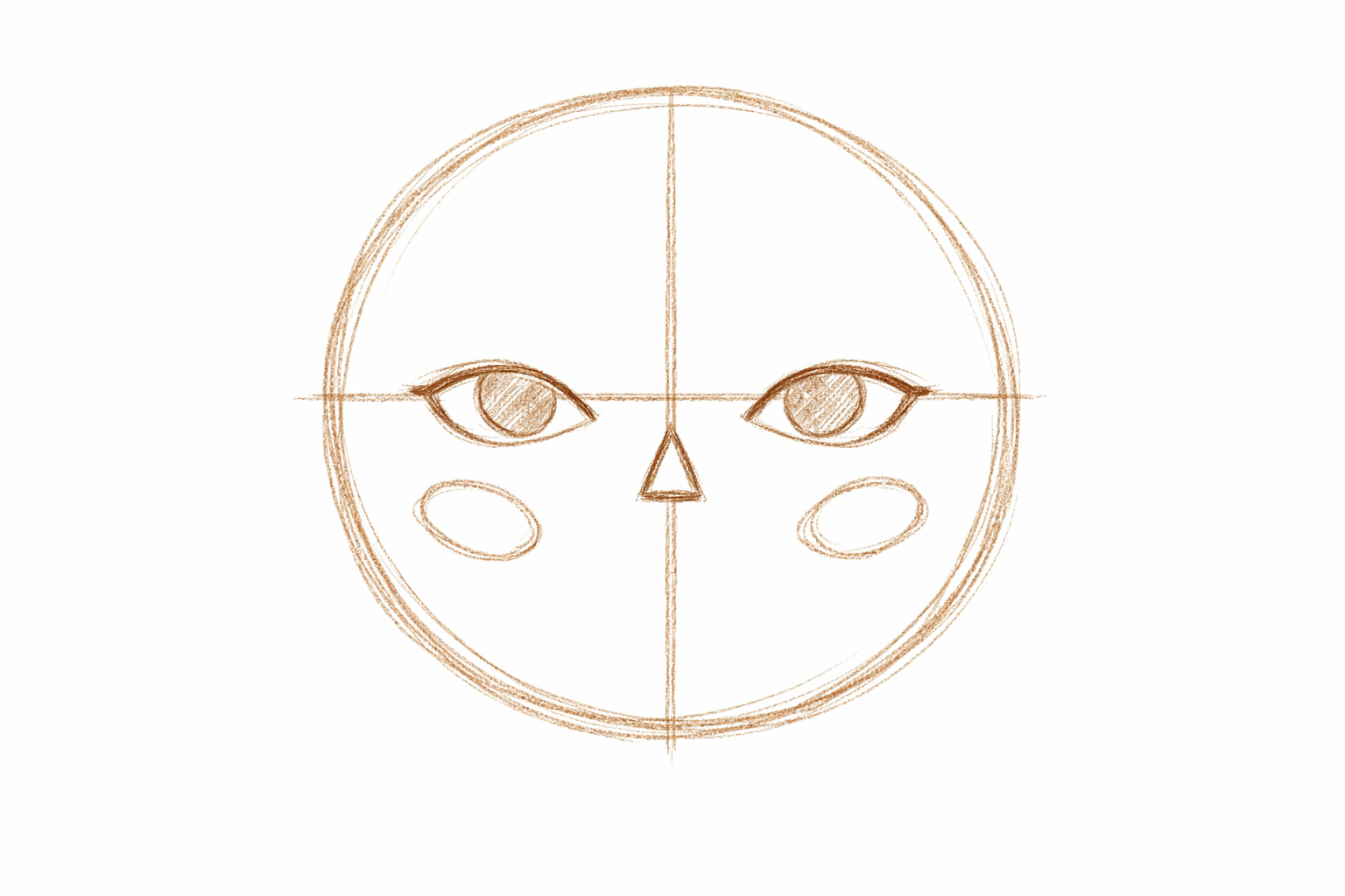 Triangle nose, almond eyes, and small cheek ovals placed inside the head circle.