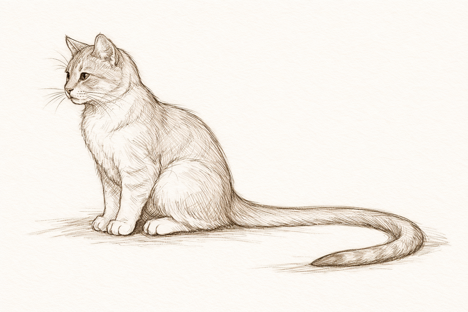 A long curved tail extends from the back of the body and sweeps toward the paws.