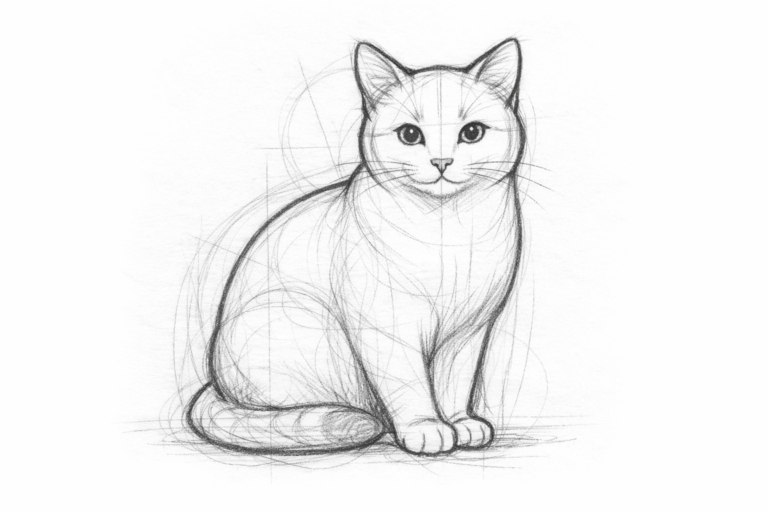 A single clean outline of the sitting cat drawn over the earlier basic shapes.