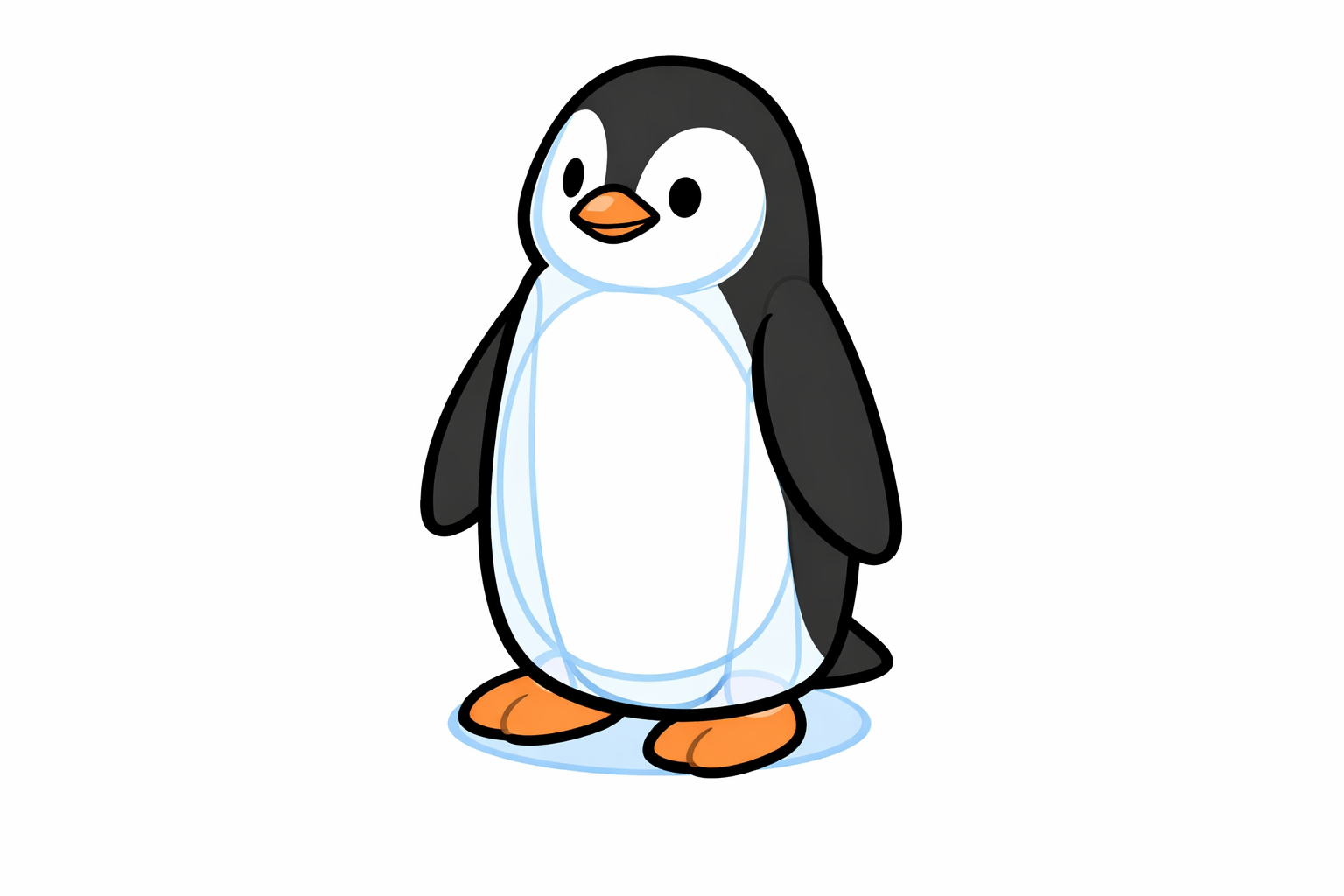 A standing penguin drawing with pale blue teardrop guides visible under a clean dark outline.