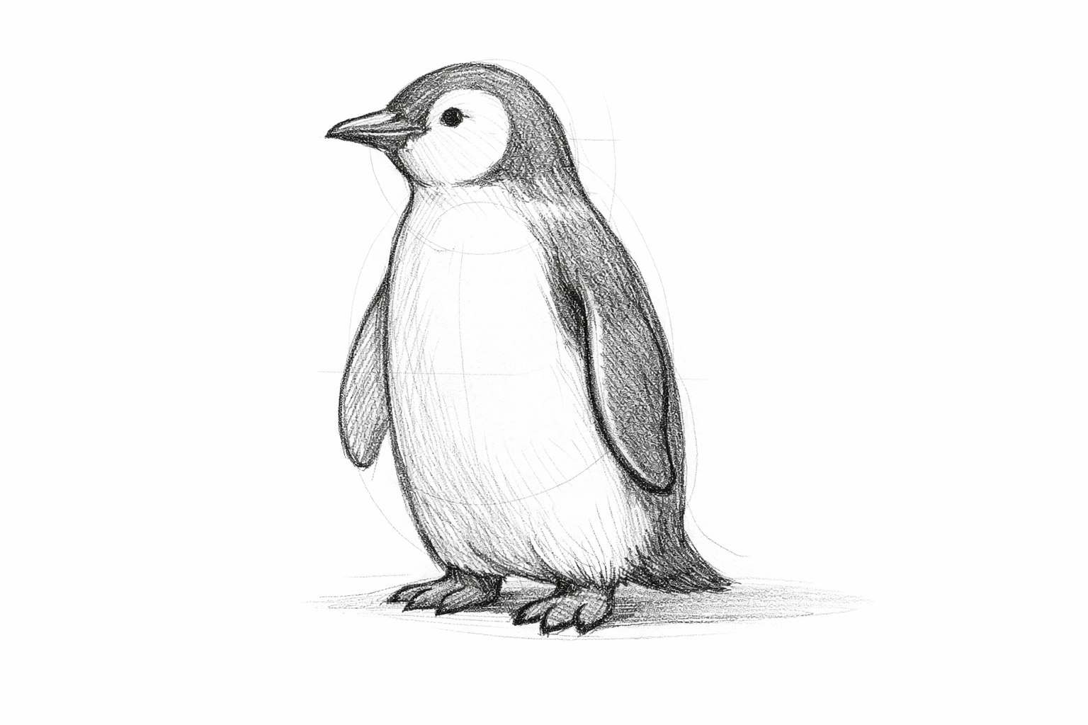 The penguin drawing has gentle shading for volume and a small shadow on the ground.