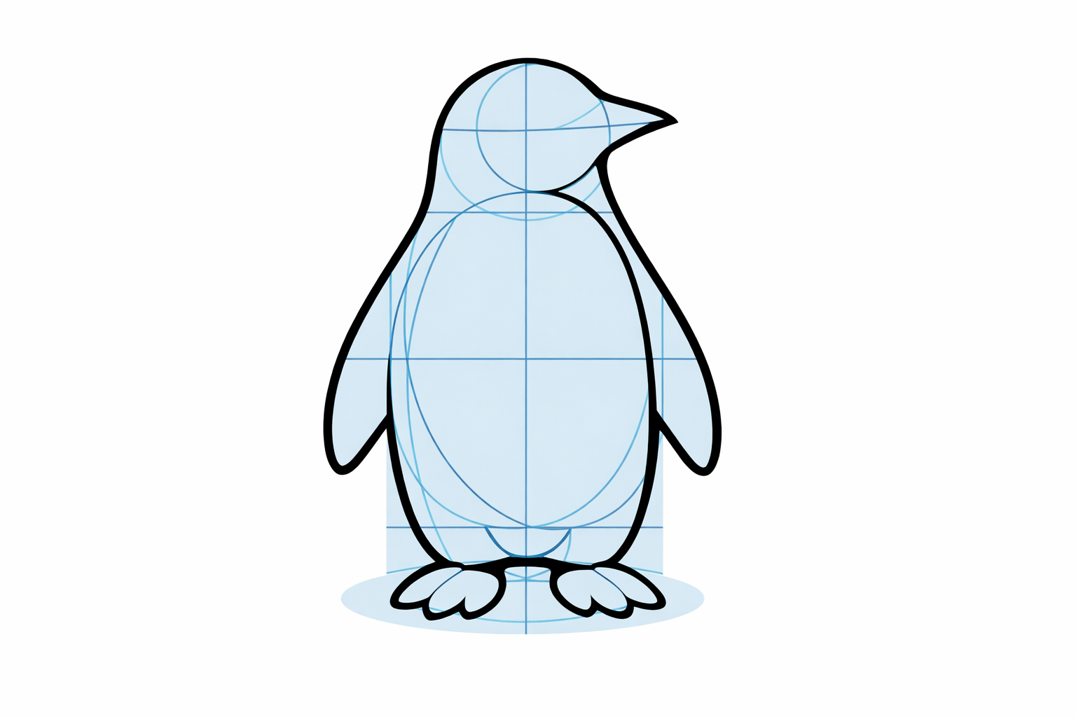 Clean dark outline of a penguin overlays pale blue guides, showing a smooth, unified silhouette.