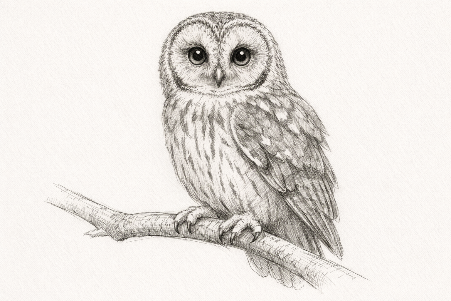 Finished pencil drawing of an owl with big eyes perched on a branch, shaded and neatly detailed.
