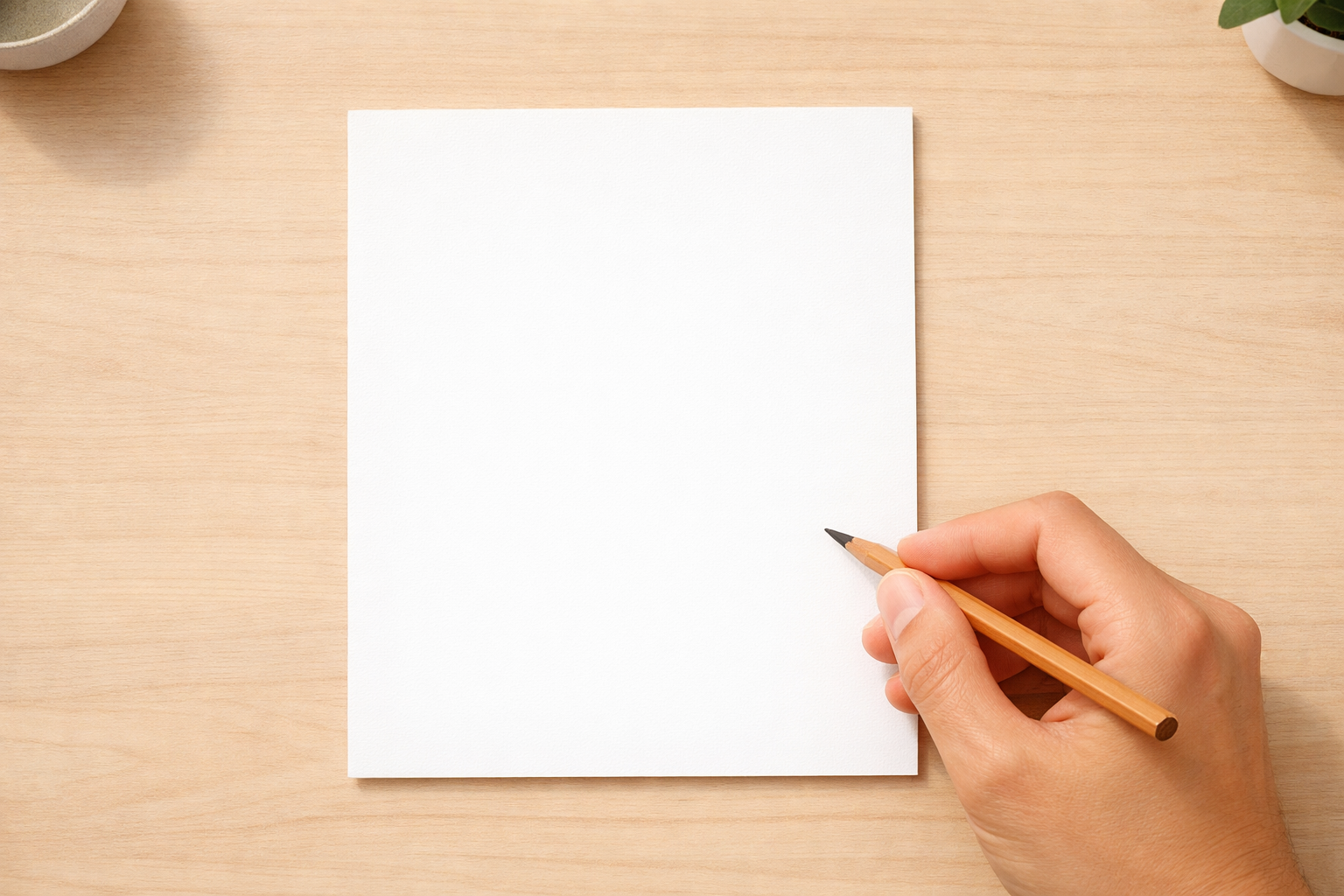 Top-down view of a blank sheet and a pencil ready for light sketching.
