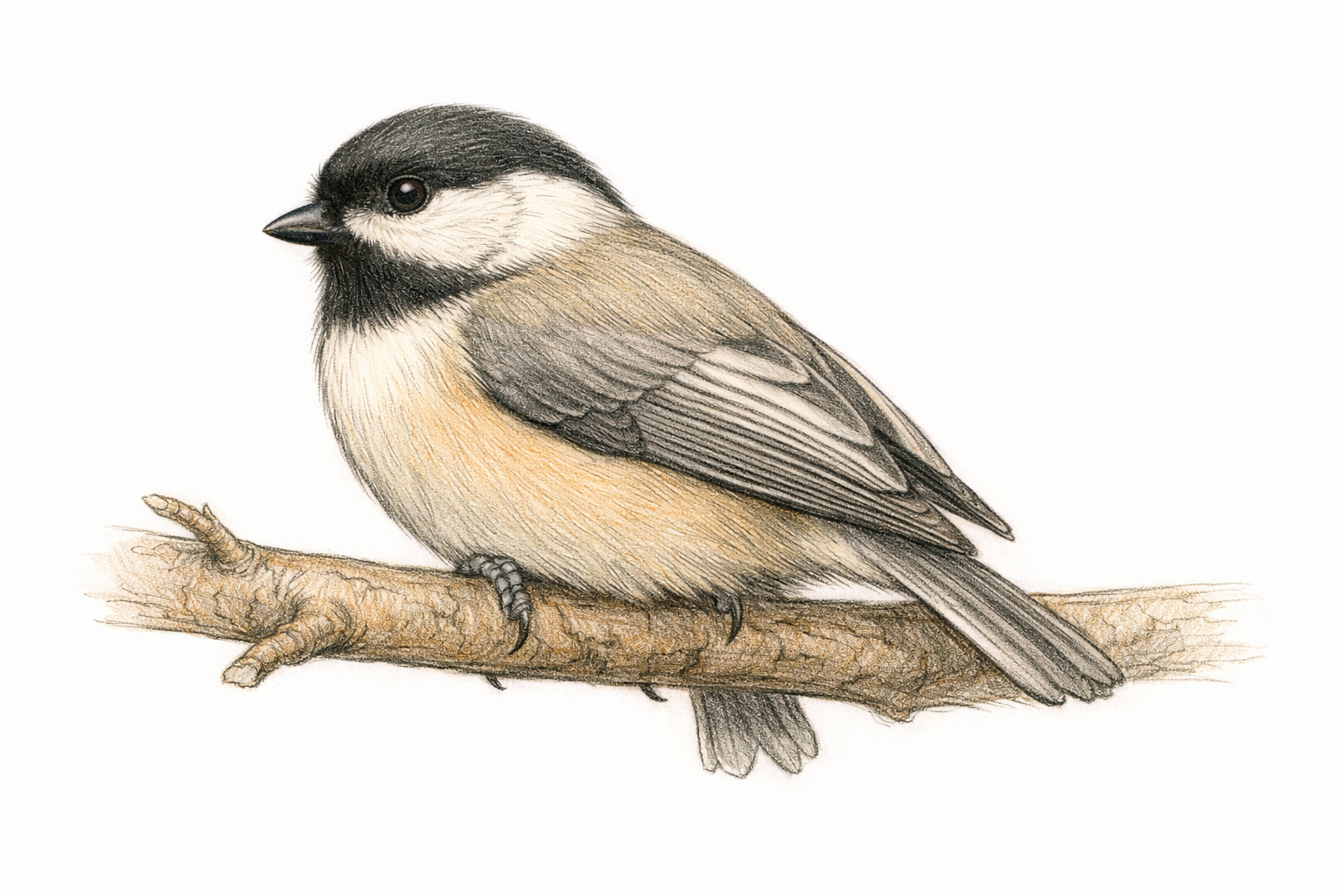 Folded wing shapes on the body and a short tail below the branch.