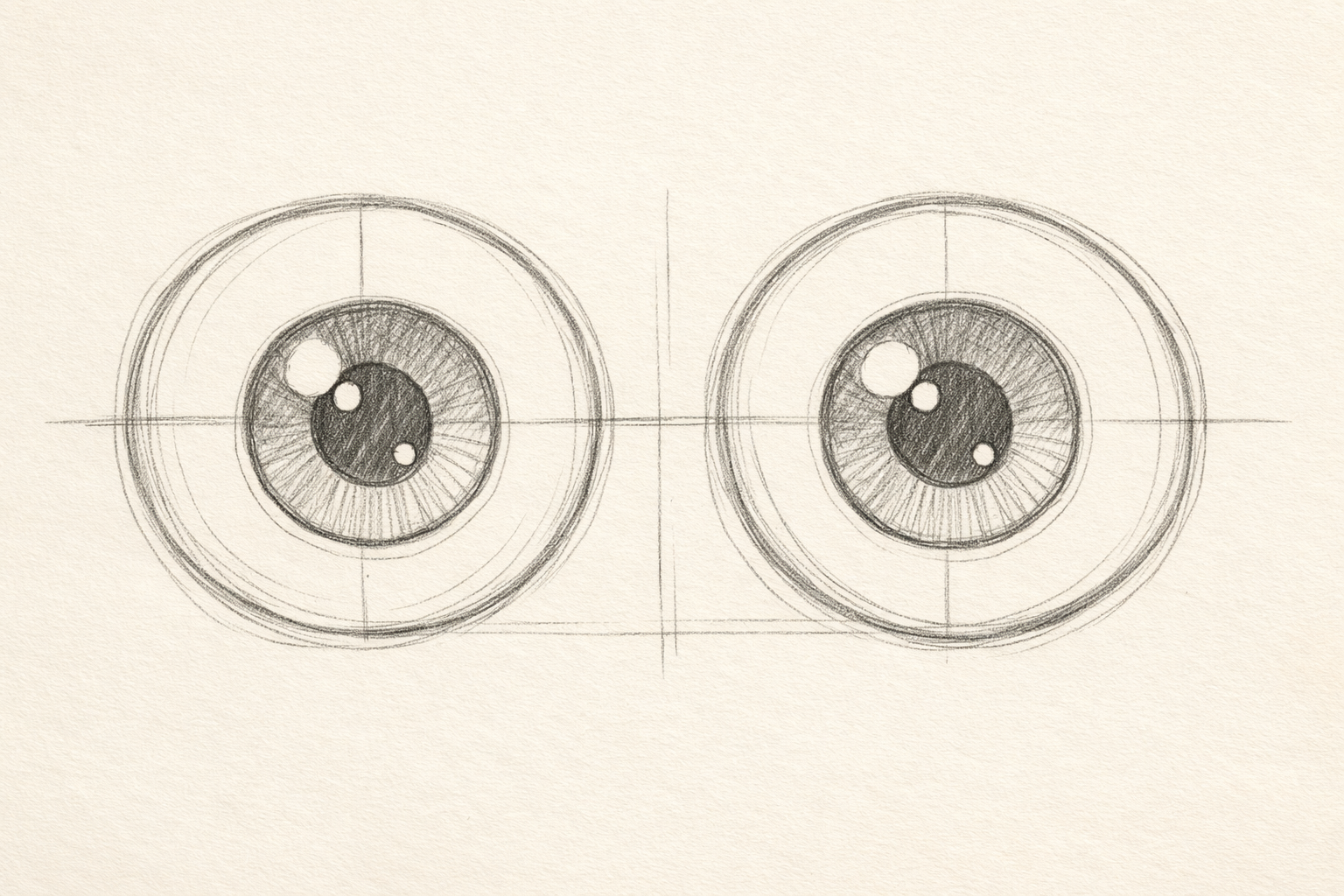 Two large owl eyes with inner circles and small catchlights marked.