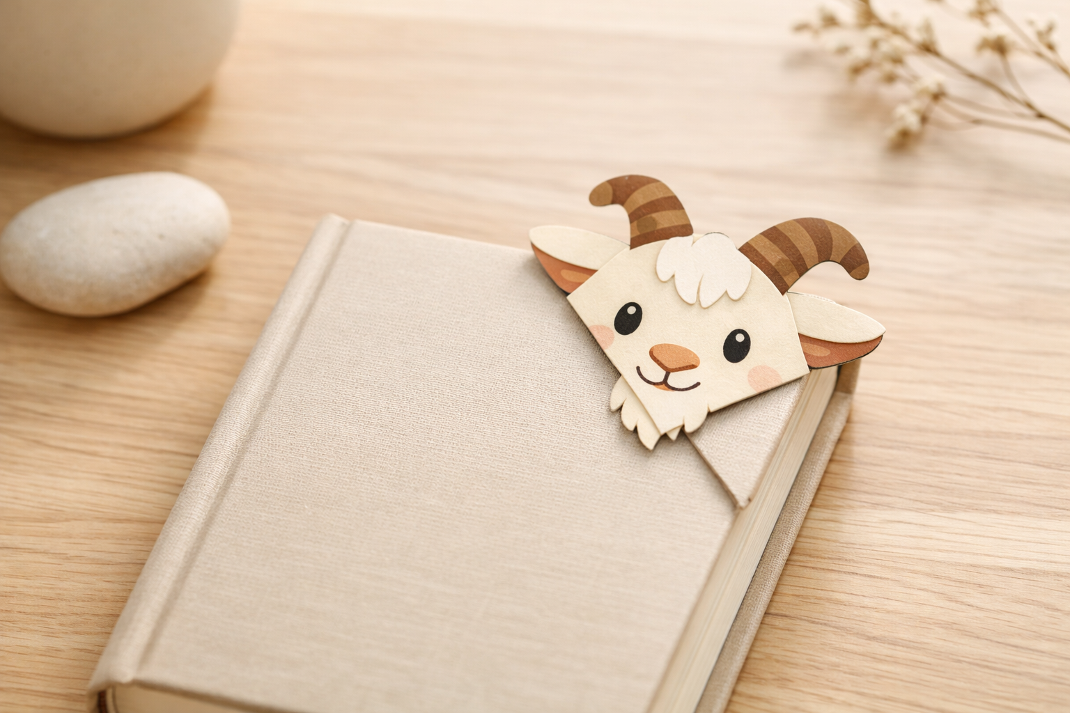 A paper mountain goat corner bookmark with curved horns peeking from the corner of a book.