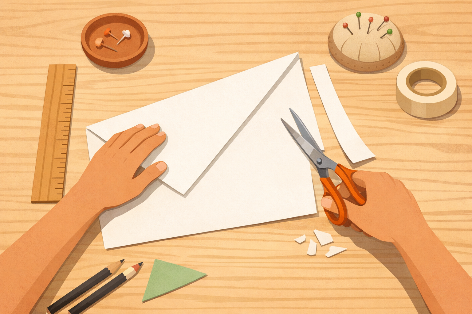 Hands making a square from a rectangular sheet by folding diagonally and trimming the excess.
