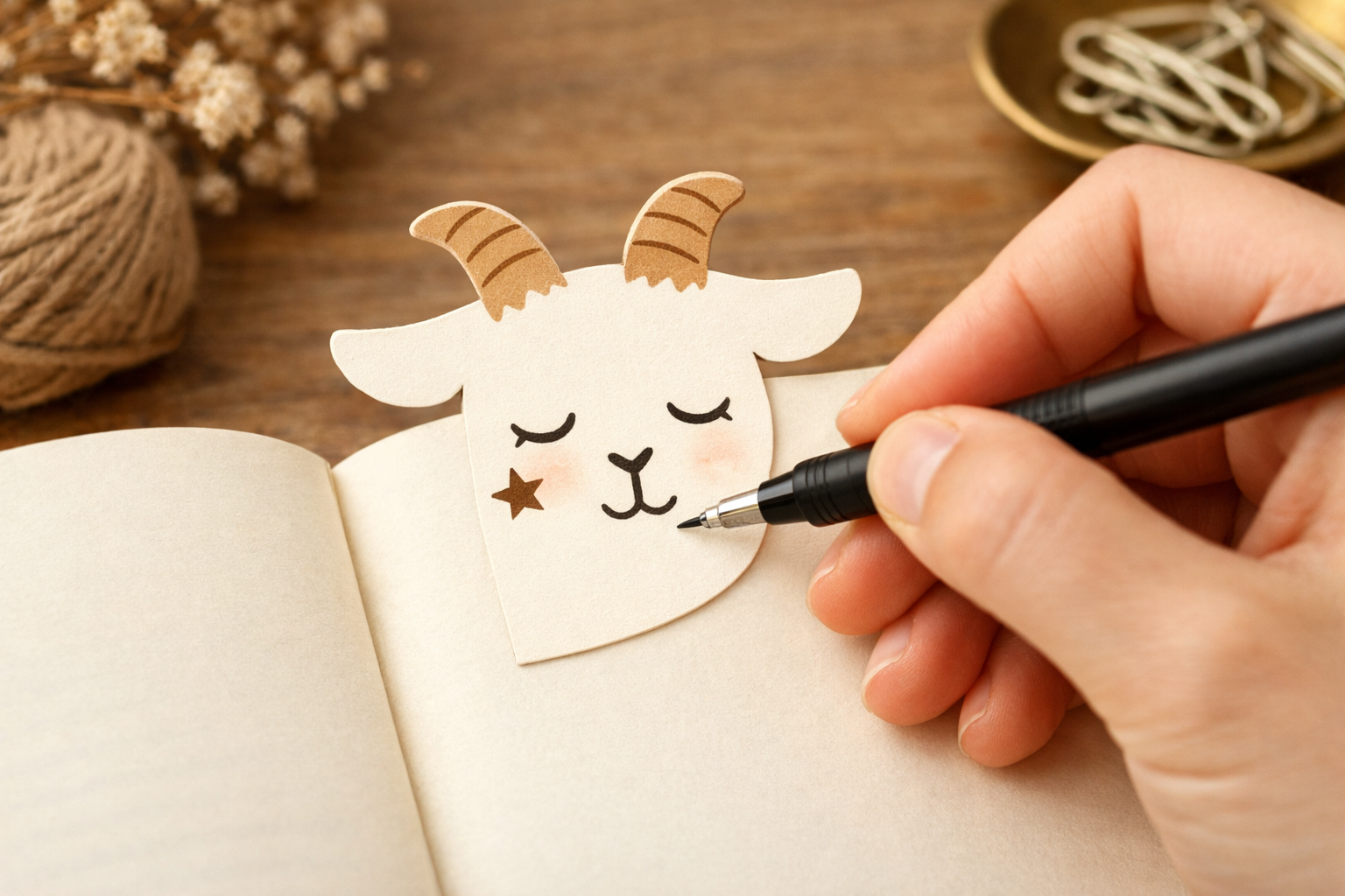 A hand drawing the goat’s face and a small star symbol on the paper bookmark.