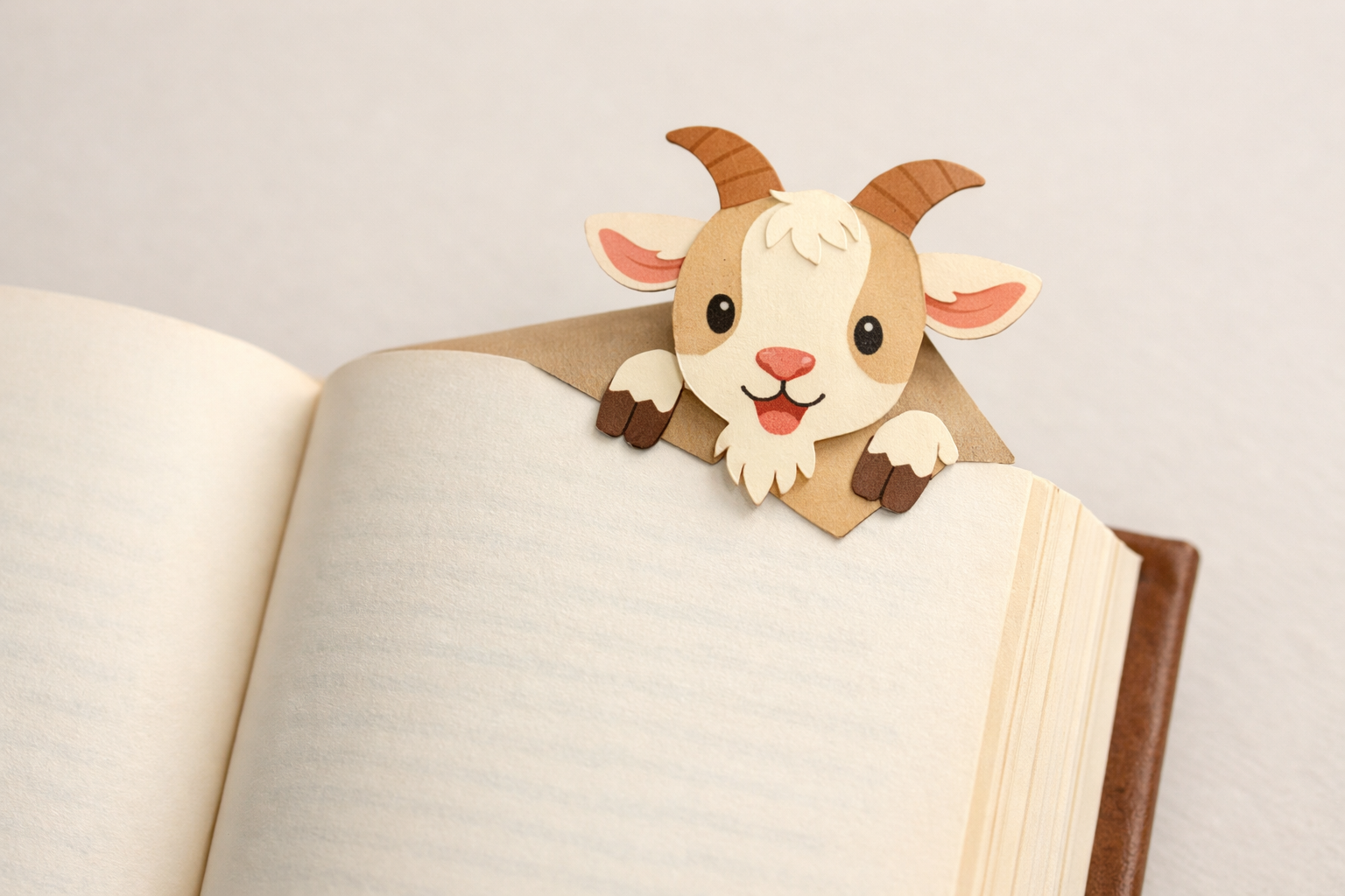 The goat bookmark fitted over the corner of a book page, sitting flat.