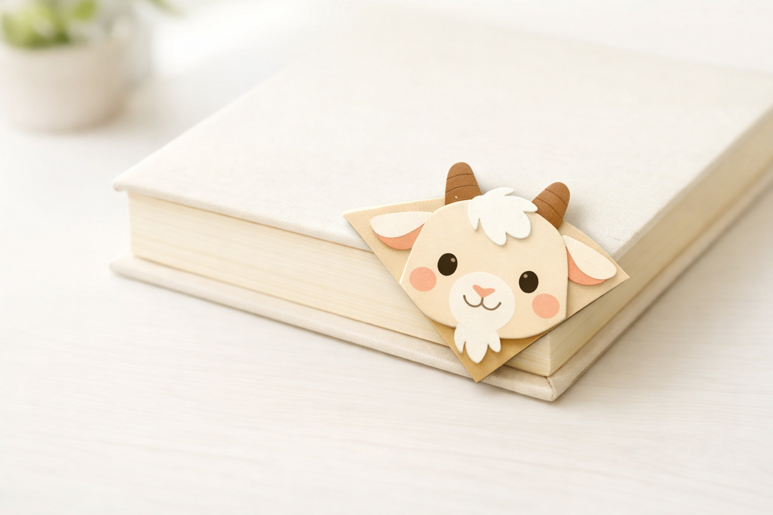 Completed goat-shaped corner bookmark peeking from the corner of a closed book.