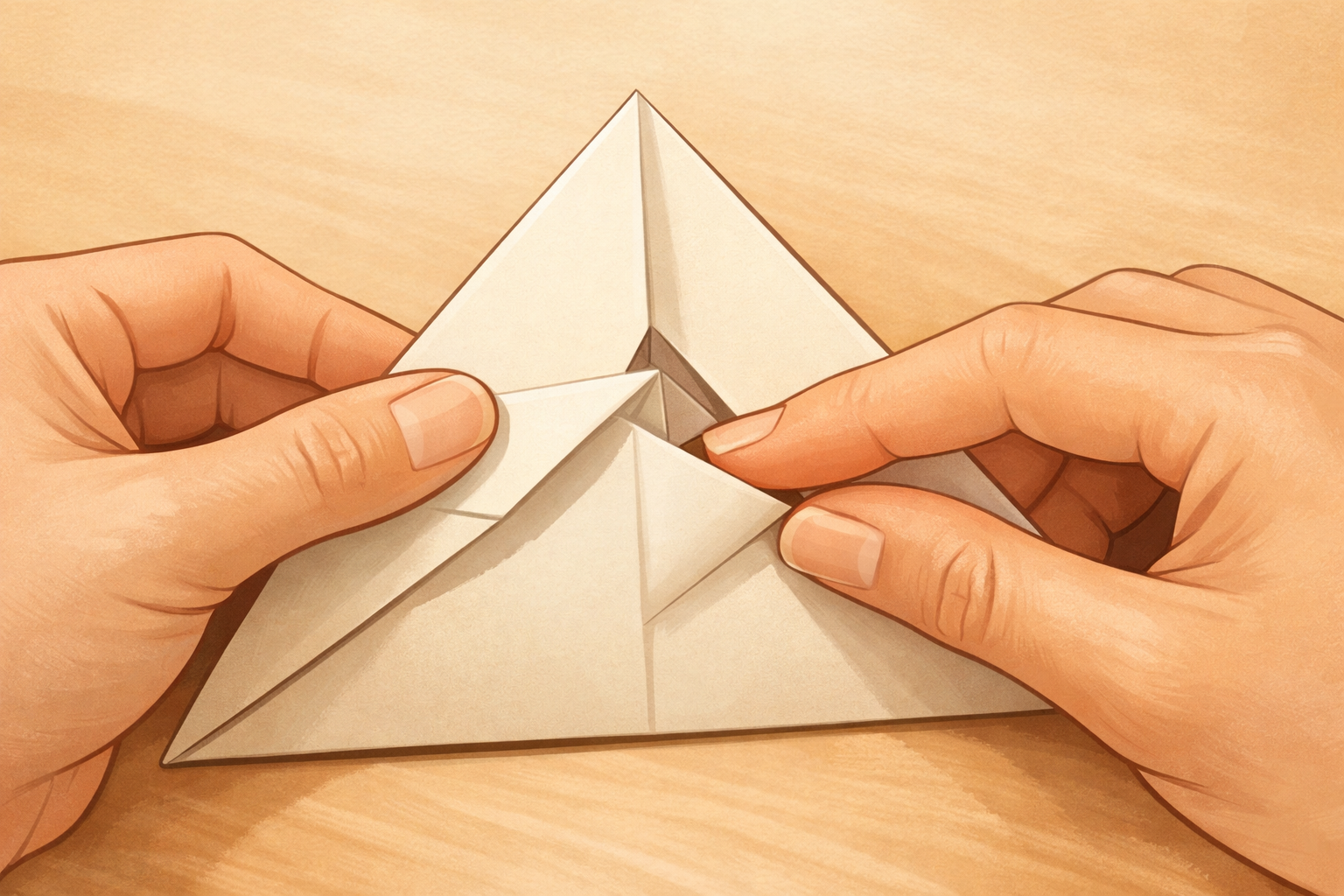 Hands tucking the two flap tips into the pocket of the triangle to make a corner sleeve.