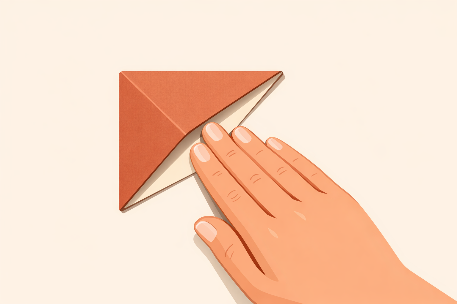 A triangular corner bookmark pocket being smoothed along the edges by a hand.