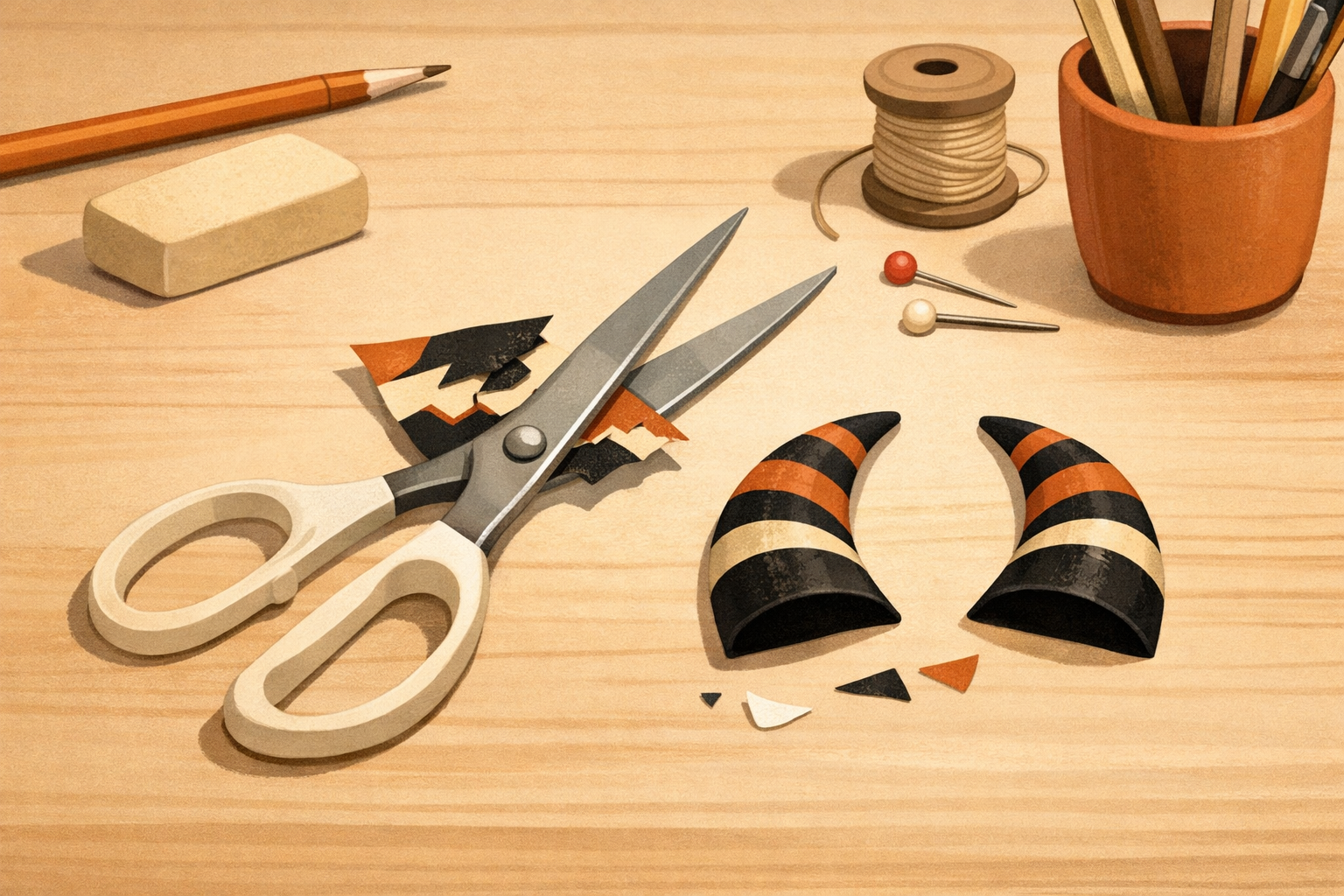 Scissors cutting two matching curved paper horn shapes from a small scrap.