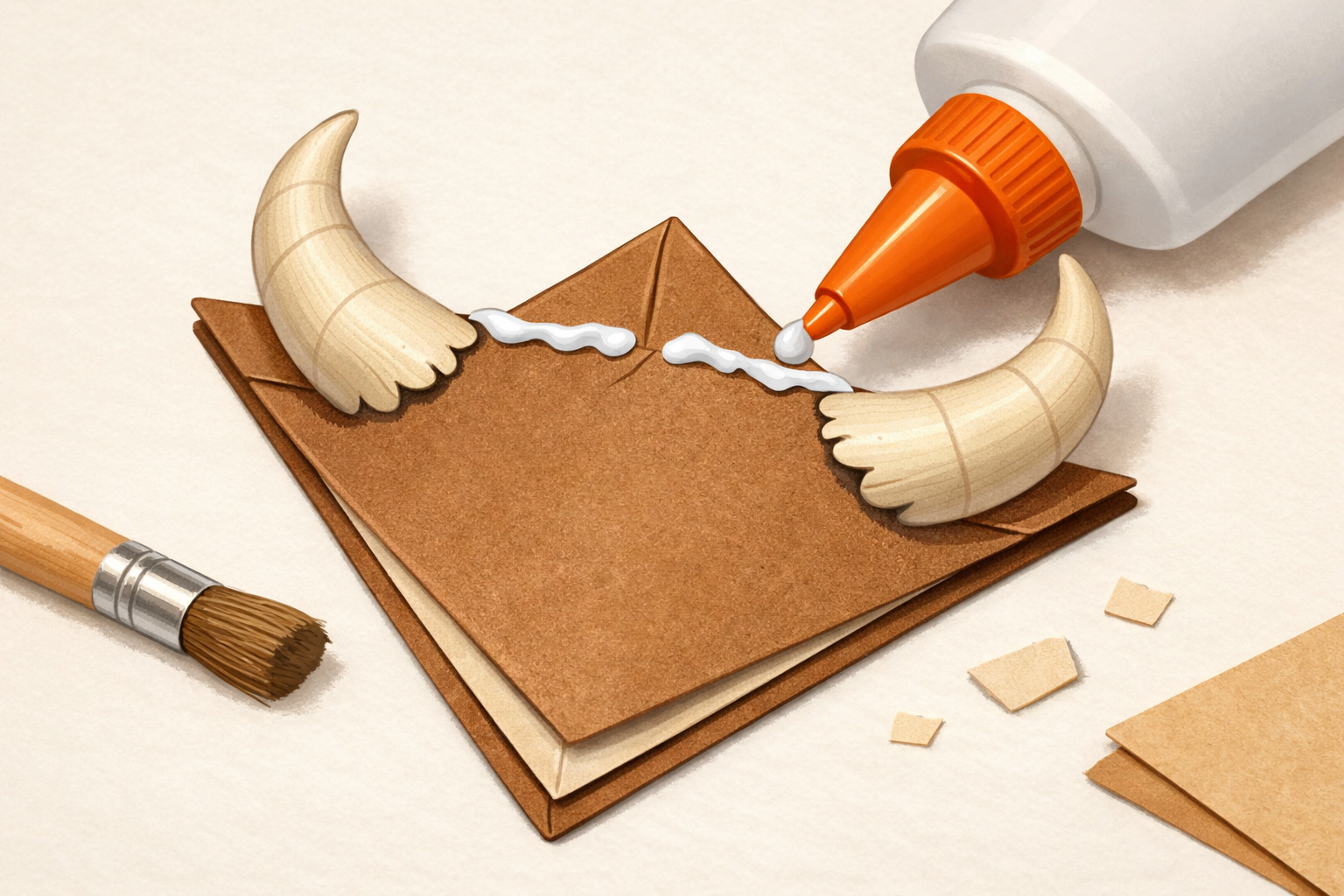 Paper horns being attached behind the top of the triangle bookmark.
