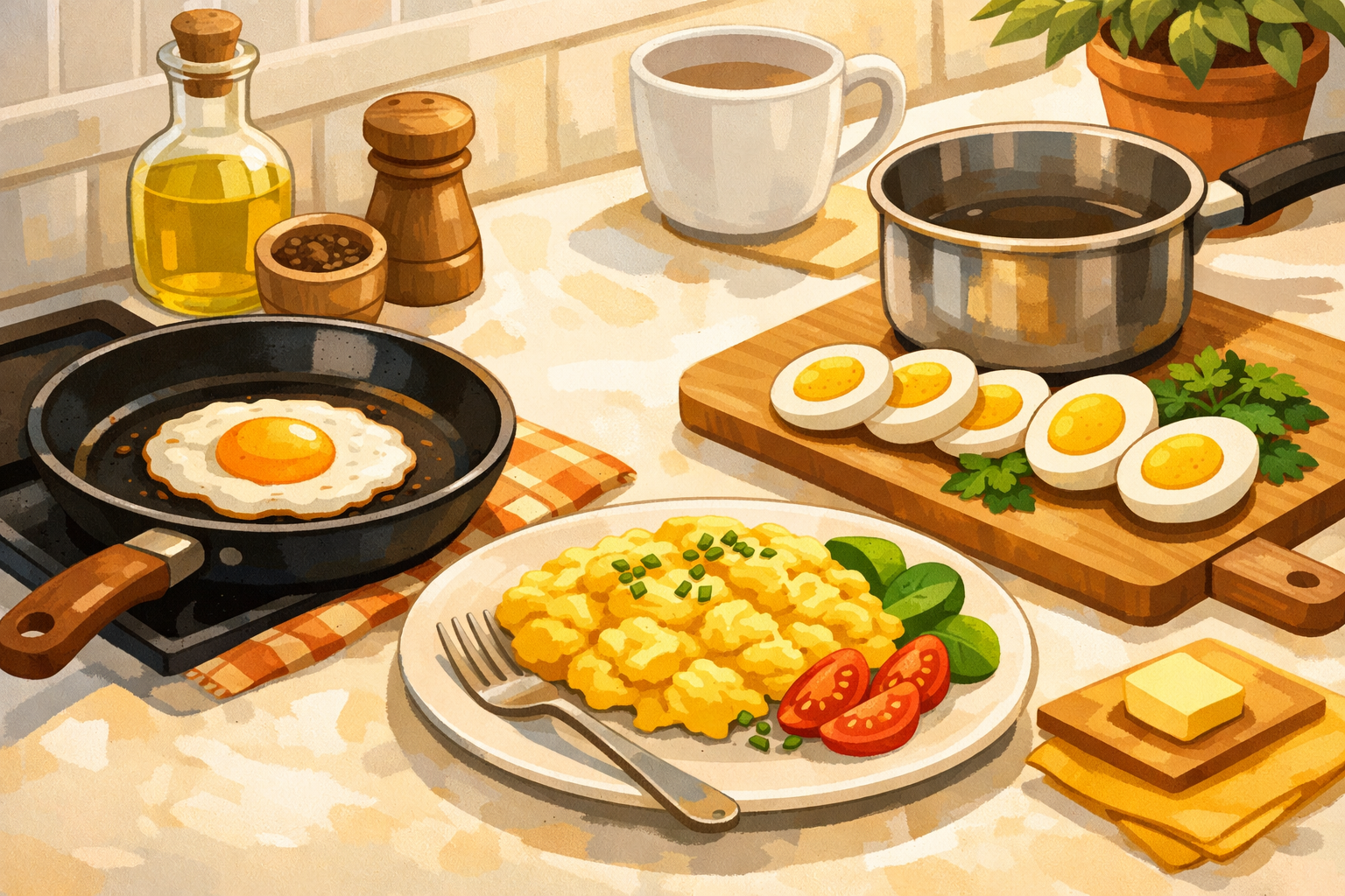 Illustration of fried, scrambled, and boiled eggs arranged in a simple, tidy kitchen scene.