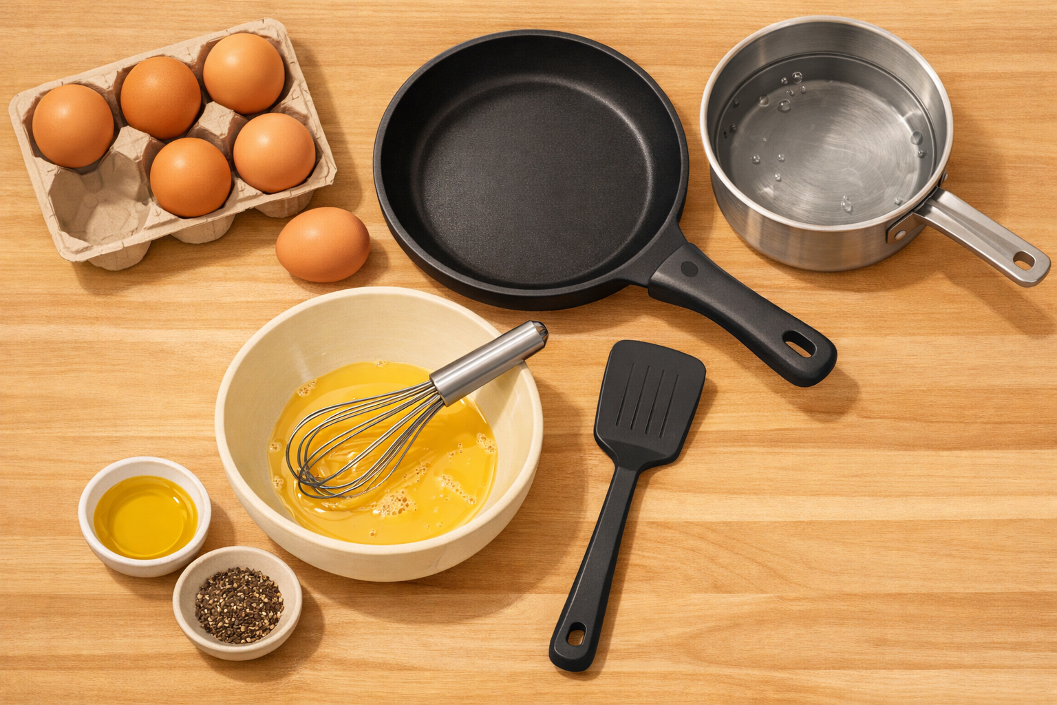 A neatly arranged cooking station with eggs, skillet, saucepan, whisk, bowl, spatula, and seasonings.