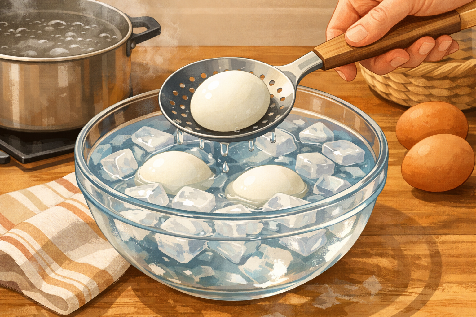 Boiled eggs being cooled in a bowl of cold water.