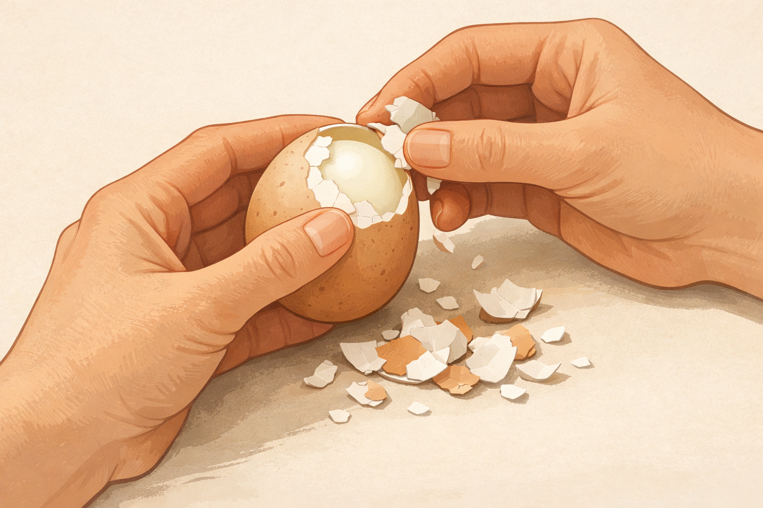 Hands peeling a boiled egg after cracking the shell all over.