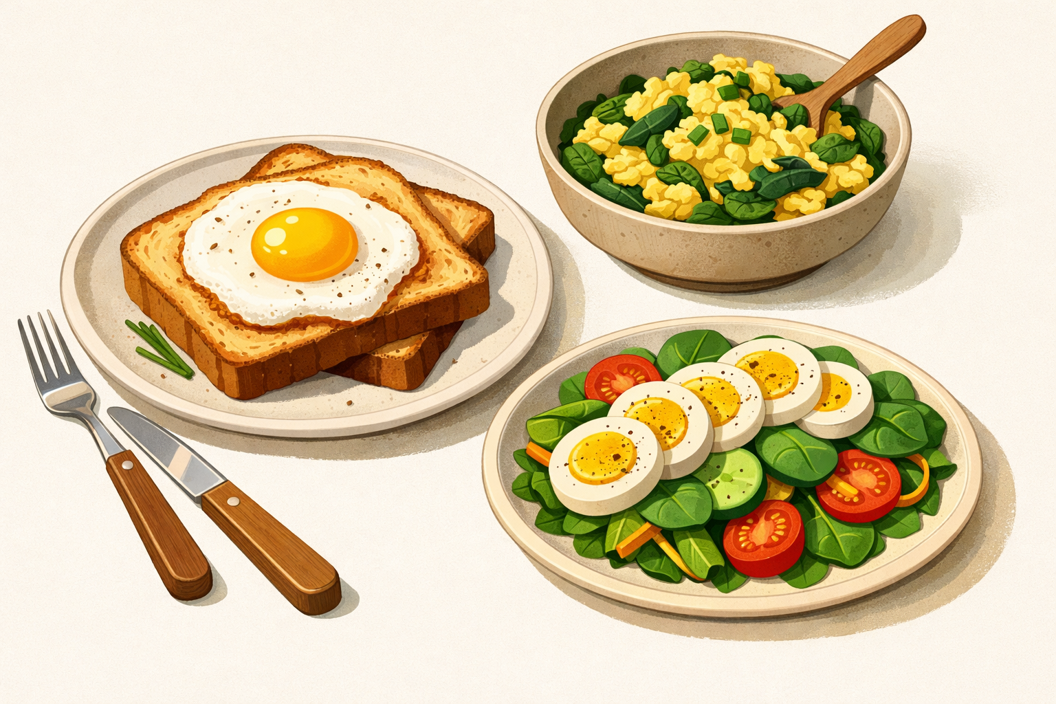 Plated fried egg with toast, soft scrambled eggs on greens, and sliced boiled eggs on vegetables.