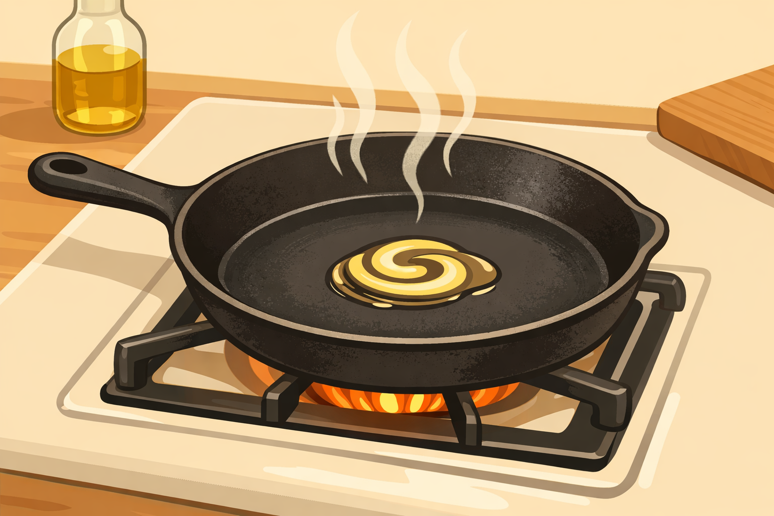 Skillet on a stove with a little oil warming and faint heat waves above it.