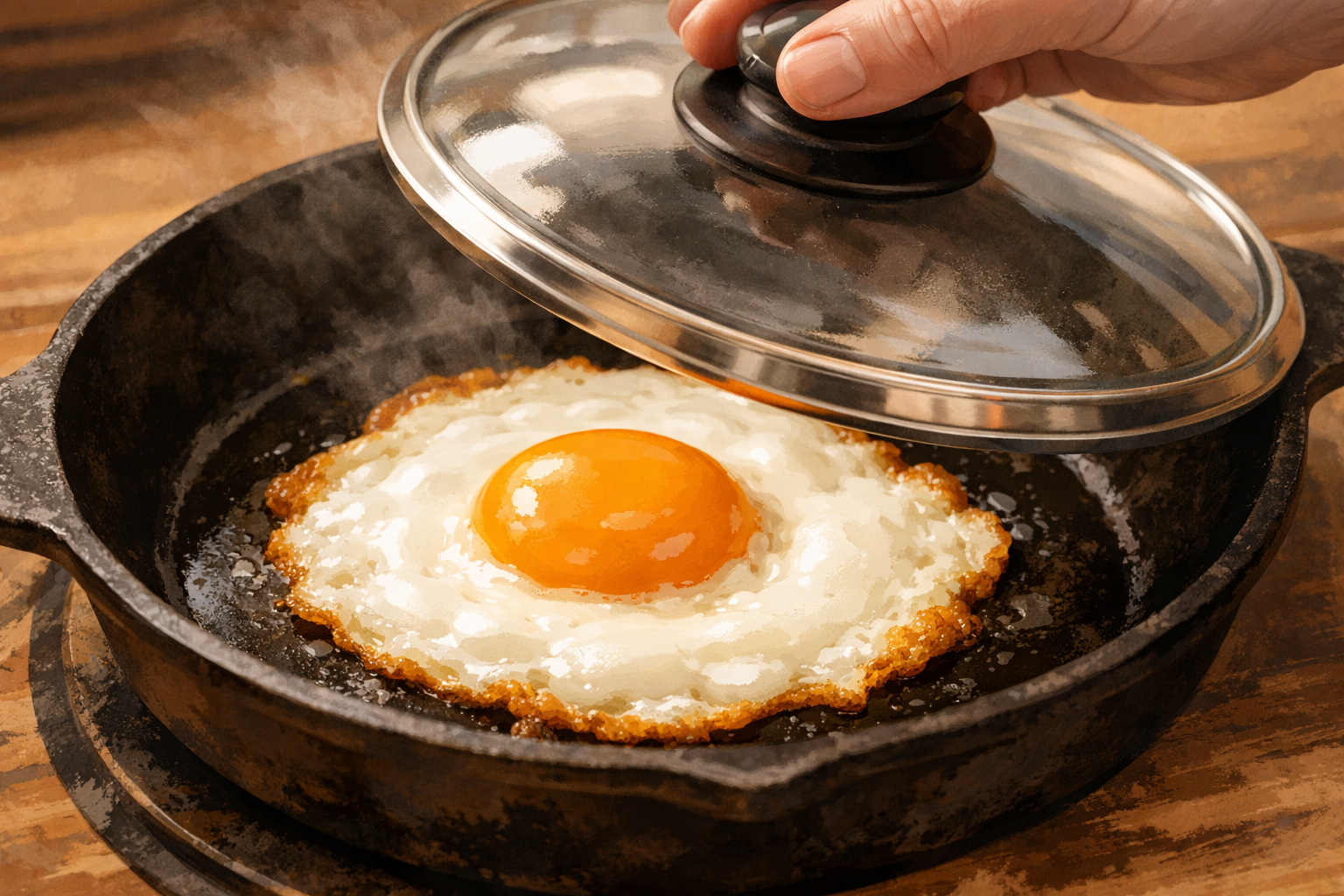 A sunny-side-up egg in a pan with set whites and the lid hovering to show gentle finishing.