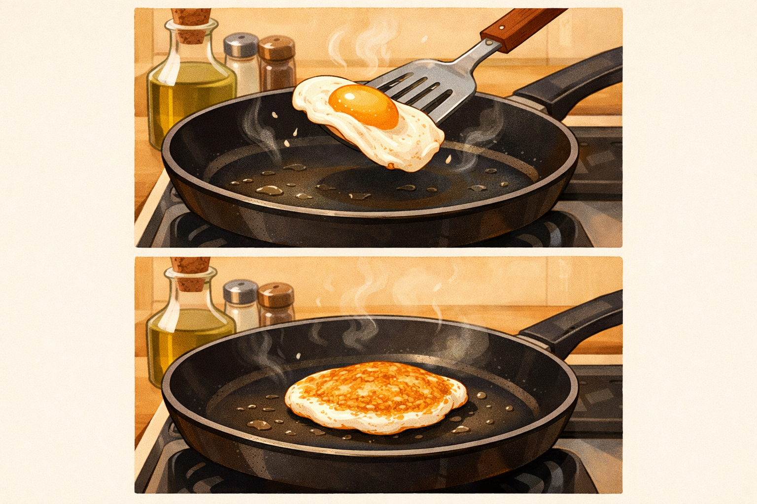 A fried egg being flipped with a spatula, then finishing on its second side.