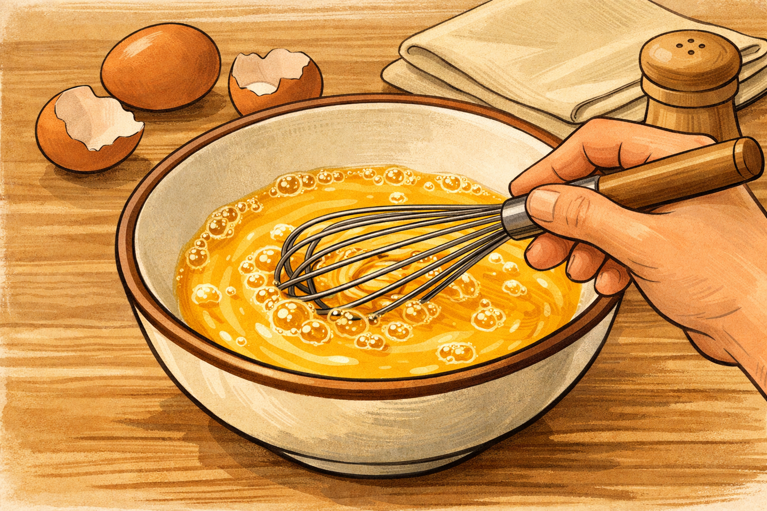 Eggs in a bowl being whisked until combined and a bit foamy.