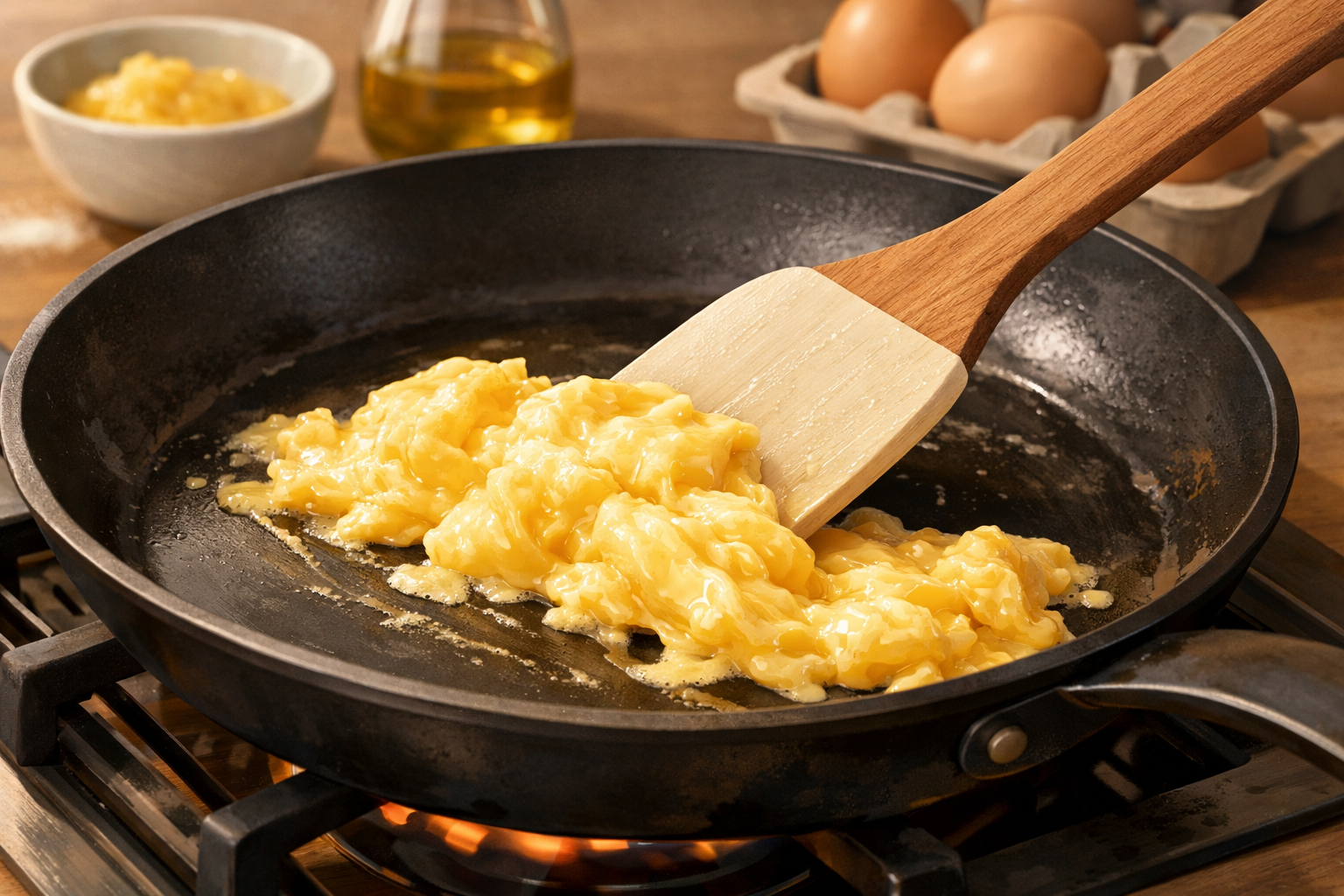 Soft scrambled eggs forming tender curds as they are slowly stirred.