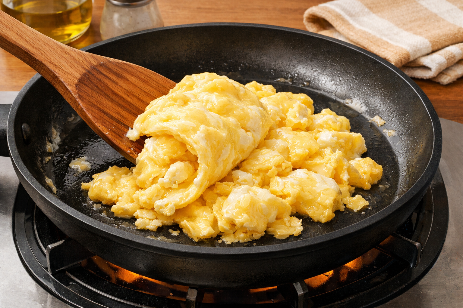 Scrambled eggs forming larger, fluffy curds as they are folded.
